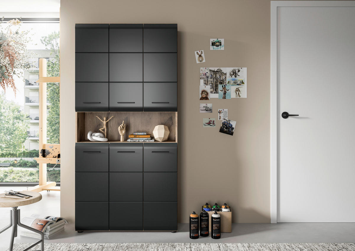 Mehrzweckschrank Ice Nox Oak Nachbildung schwarz matt B/H/T: ca. 90x185x30 cm Ice - schwarz (90,00/185,00/30,00cm) - xonox.home