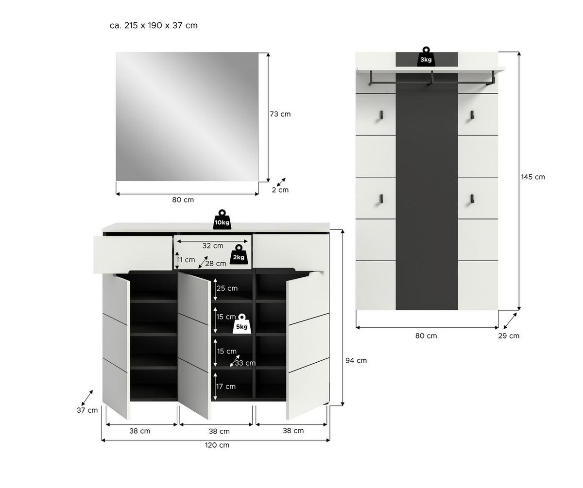 Garderobe Canu basaltgrau Nachbildung weiß B/H/T: ca. 215x190x37 cm Canu - weiß/basaltgrau (215,00/190,00/37,00cm) - xonox.home
