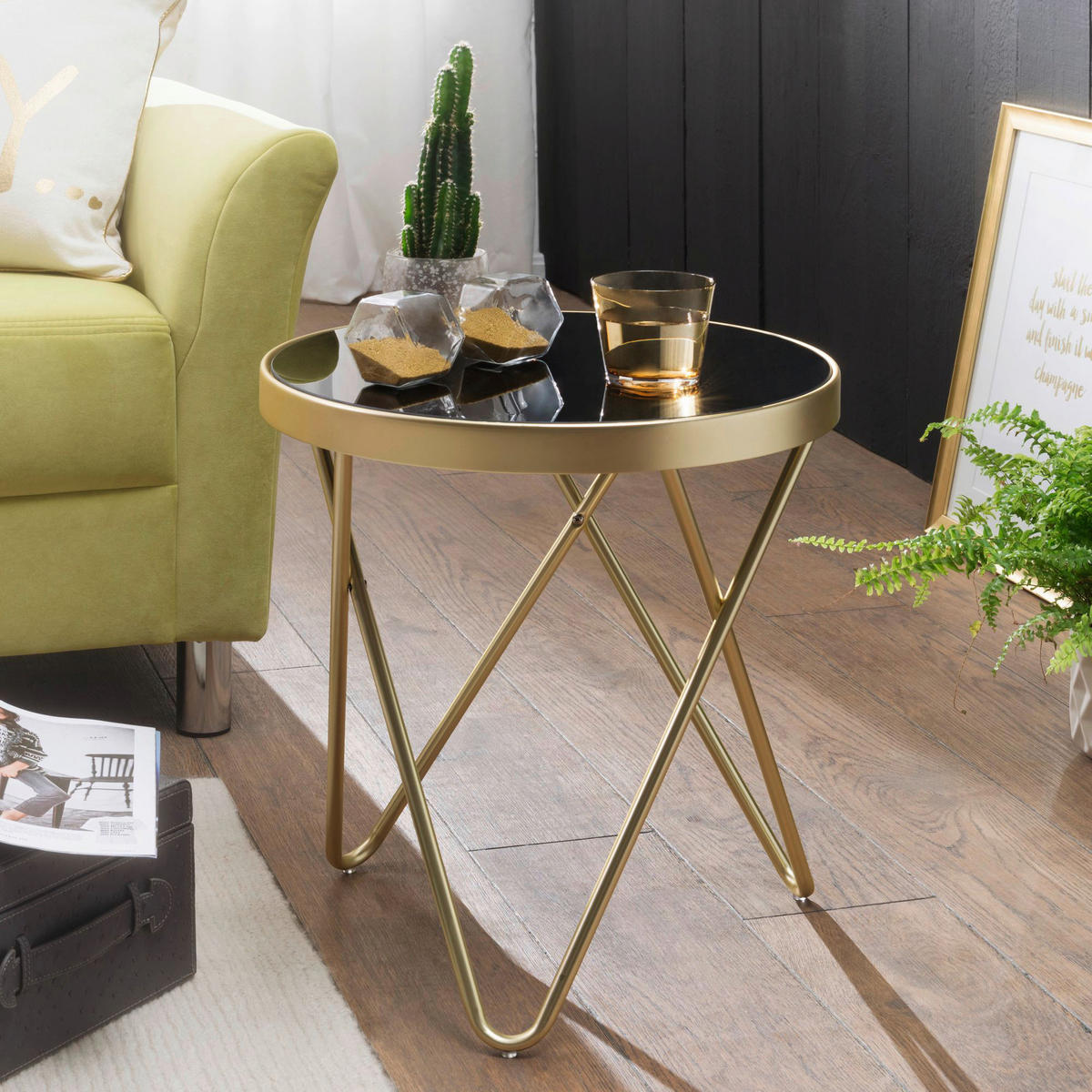 Beistelltisch schwarz gold Lack matt Glas Stahl B/H/T: ca. 42x46x42 cm Beistelltisch - gold/schwarz (42,00/46,00/42,00cm) - Wohnling