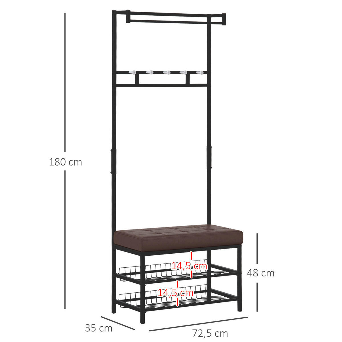 HOMCOM Garderobe schwarz Polypropylen B/H/L: ca. 35x725x180 cm Garderobenmodul - braun/schwarz (180,00/35,00/725,00cm) - HOMCOM