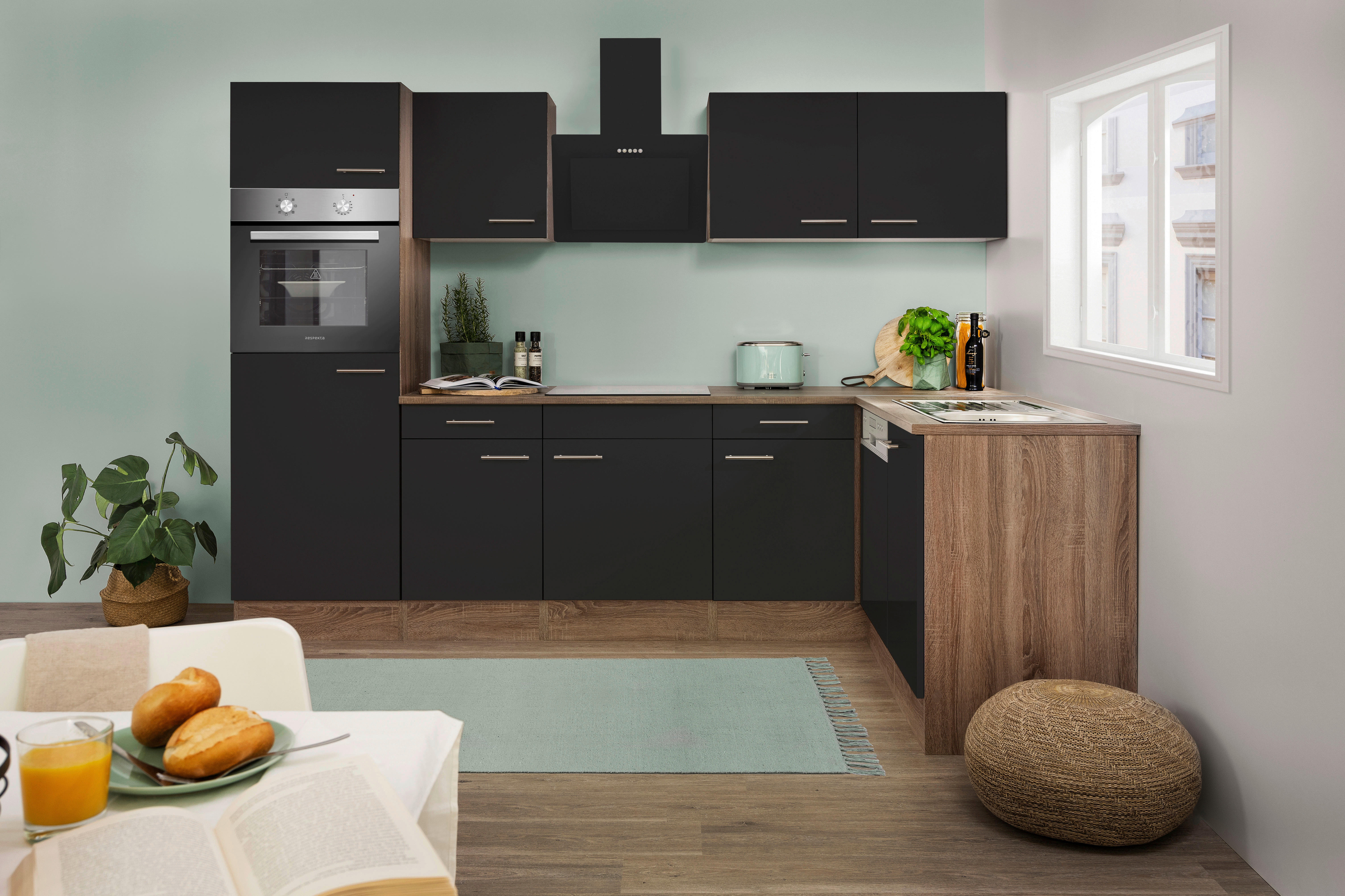 Respekta Winkelküche KBL280EYSS schwarz B/H/T: ca. 280x205x172 cm KBL280EYSS - Eiche/schwarz (280,00/205,00/172,00cm) - Respekta