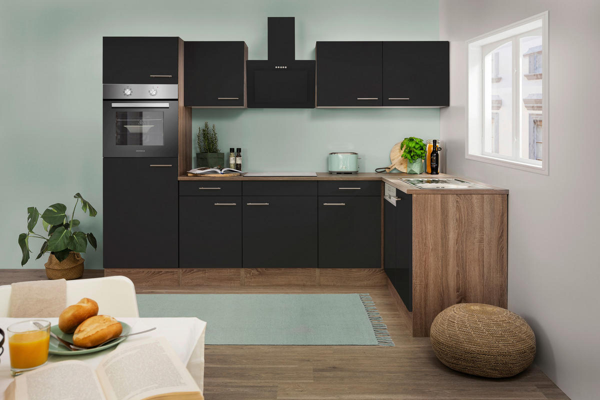 Respekta Winkelküche KBL280EYSS schwarz B/H/T: ca. 280x205x172 cm KBL280EYSS - Eiche/schwarz (280,00/205,00/172,00cm) - Respekta