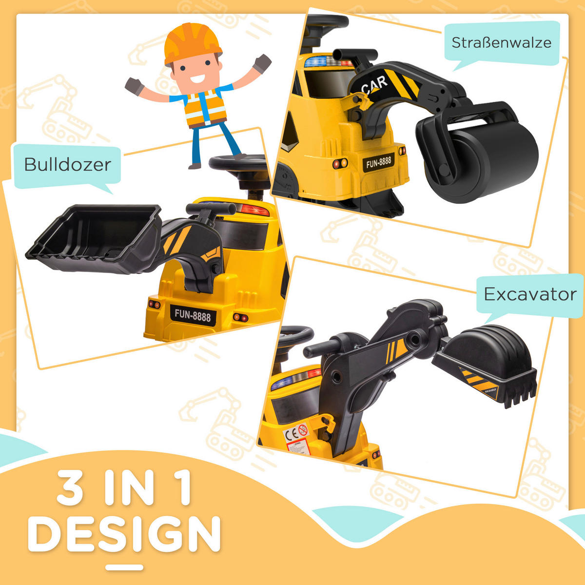 HOMCOM Kinder-Fahrzeug gelb B/H/L: ca. 43x100x48,5 cm Sitzbagger - gelb (48,50/43,00/100,00cm) - HOMCOM