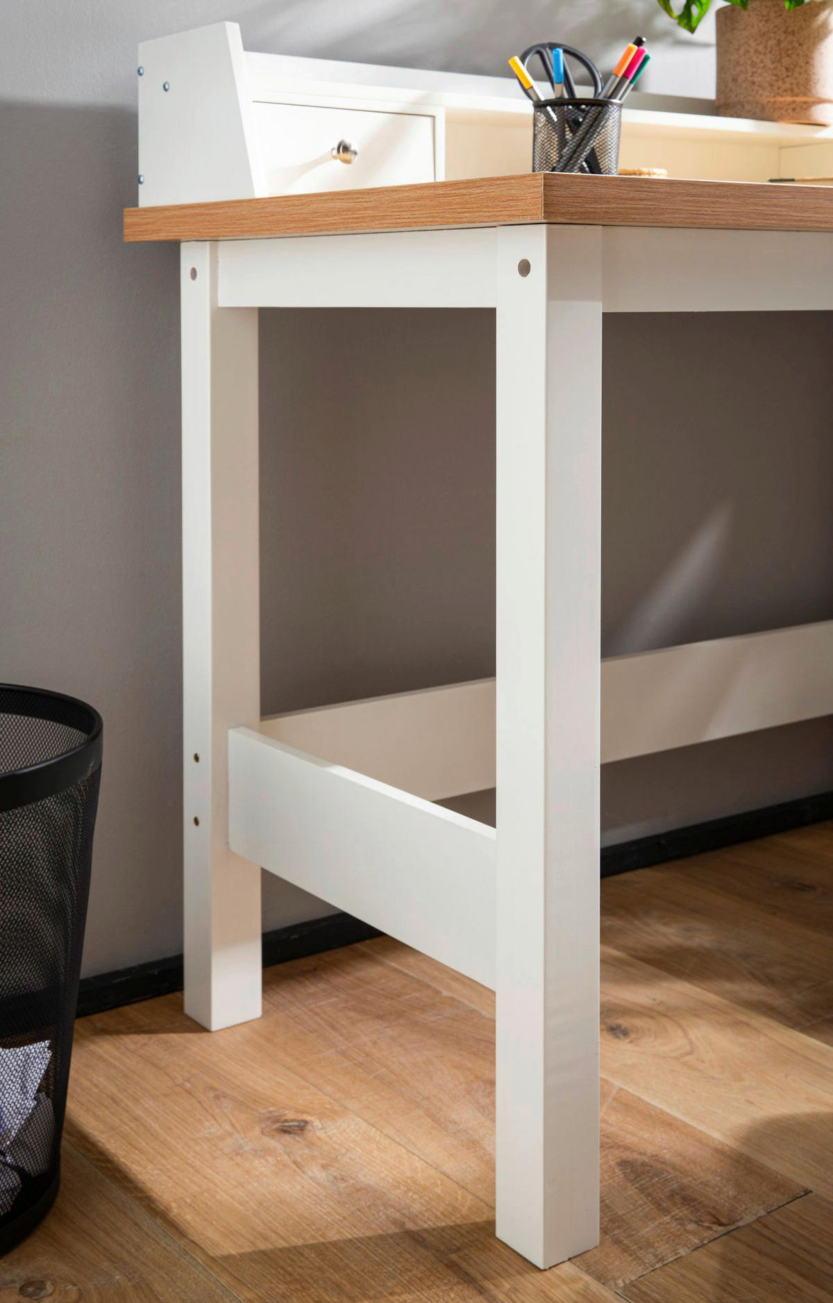 Schreibtisch weiß Eiche weiß Optik B/H/T: ca. 106x90x53 cm Schreibtisch - weiß (106,00/90,00/53,00cm) - Wohnling