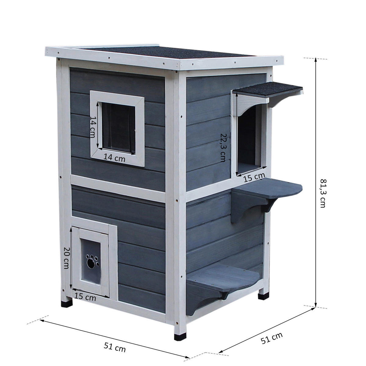 PawHut Katzenvilla grau Holz B/H/L: ca. 51x81x51 cm Katzenvilla - weiß/grau (51,00/51,00/81,00cm) - PawHut