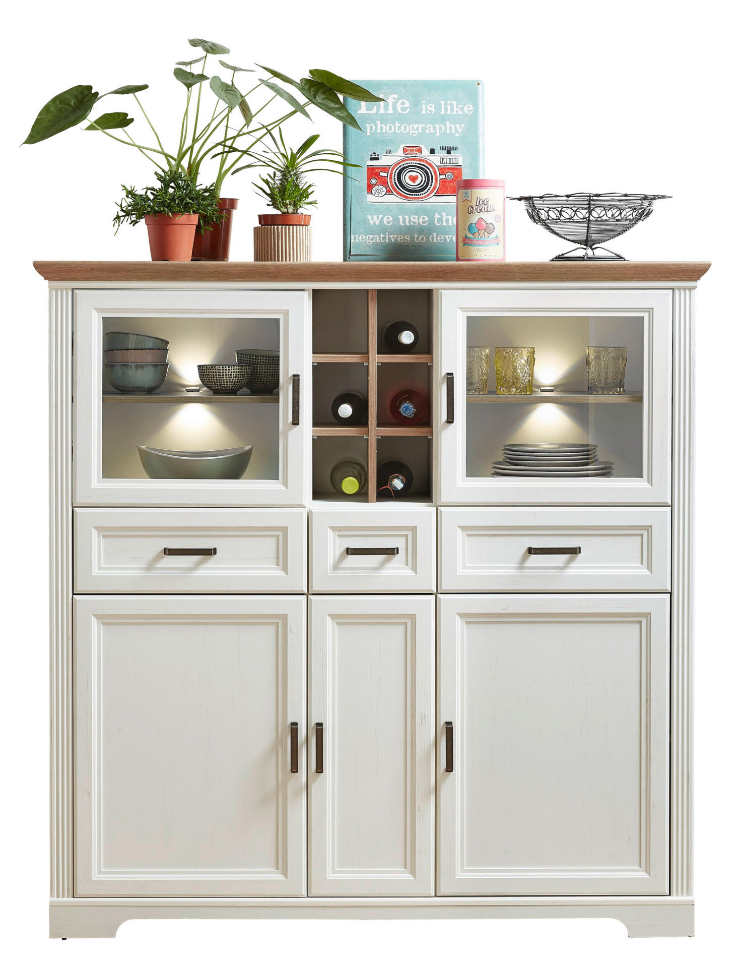 Highboard Jasmin weiß Pinie Nachbildung Eiche Artisan Nachbildung B/H/T: ca. 143x150x42 cm Jasmin - Eiche/weiß (143,00/150,00/42,00cm)