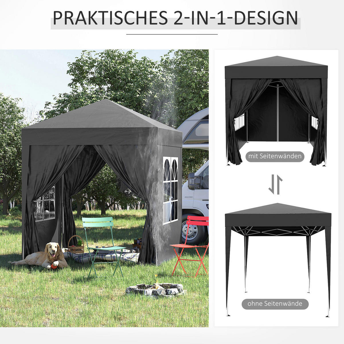 Outsunny Faltpavillon schwarz Stoff B/H/L: ca. 200x240x200 cm Faltpavillon - schwarz (200,00/200,00/240,00cm) - Outsunny