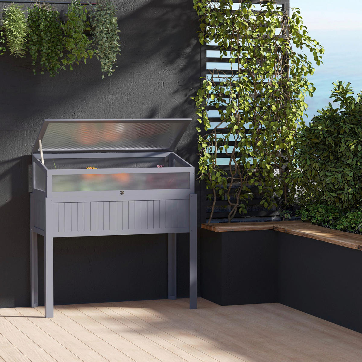 Outsunny Hochbeet grau Holz B/H/L: ca. 54x122x120 cm Hochbeet - grau (120,00/54,00/122,00cm) - Outsunny