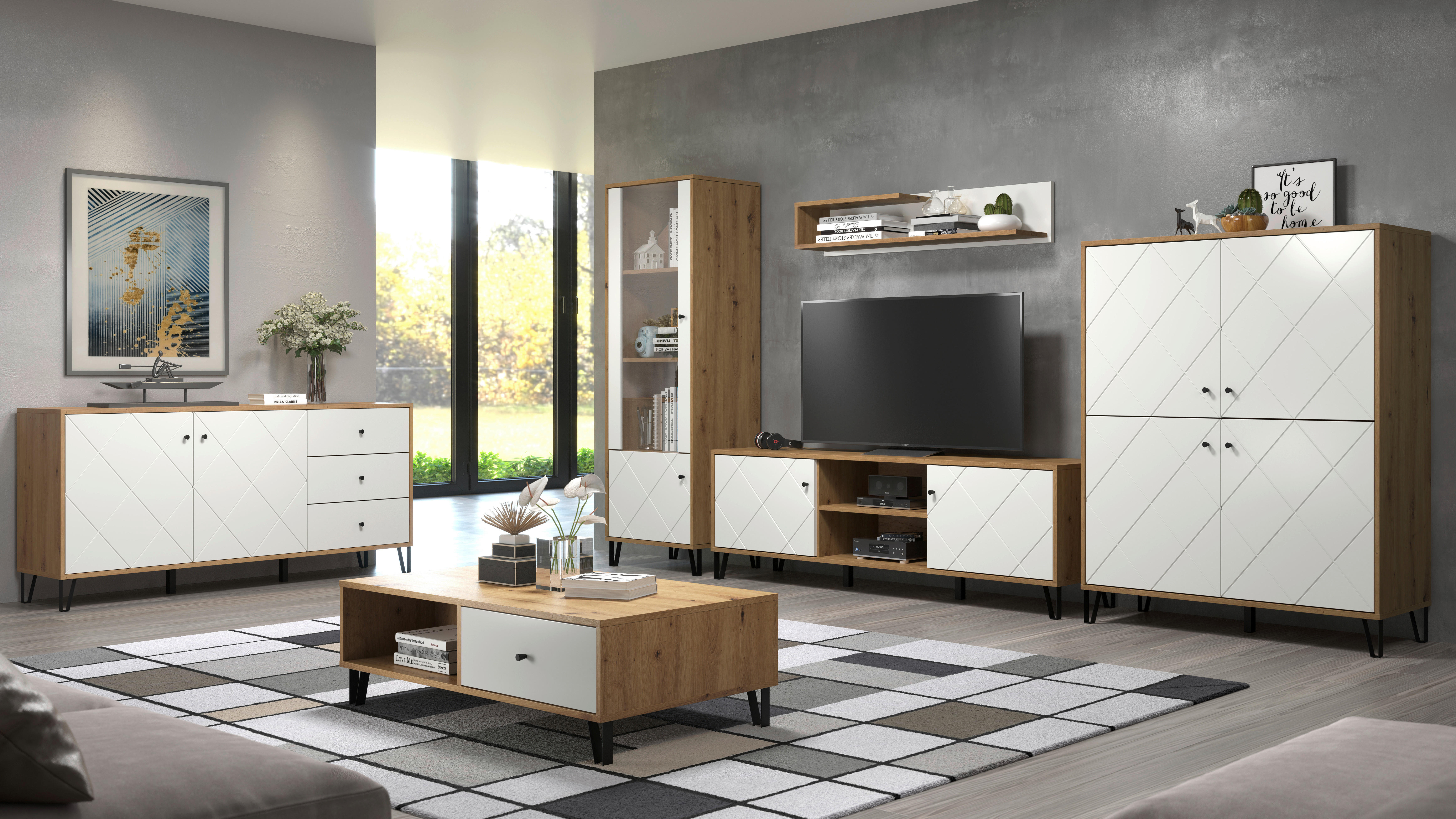 Thumbnail - Vitrine Touch weiß matt Eiche Artisan Nachbildung B/H/T: ca. 63x172x40 cm