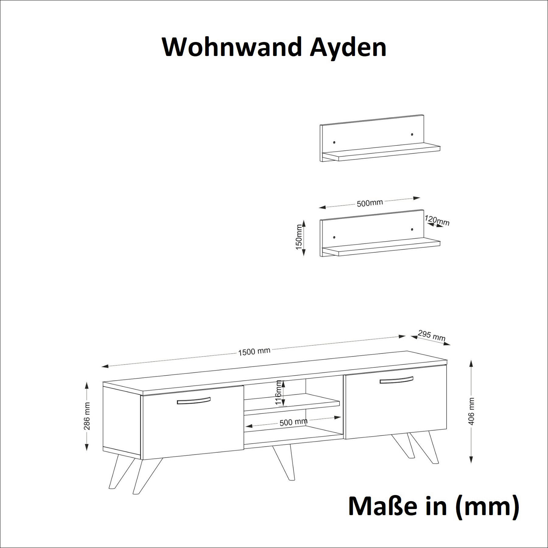 Wohnwand Ayden walnuss Nachbildung dunkelgrau Marmor Optik B/H/T: ca. 150x40,6x30 cm Ayden - walnuss/dunkelgrau (150,00/40,60/30,00cm) - moebel17