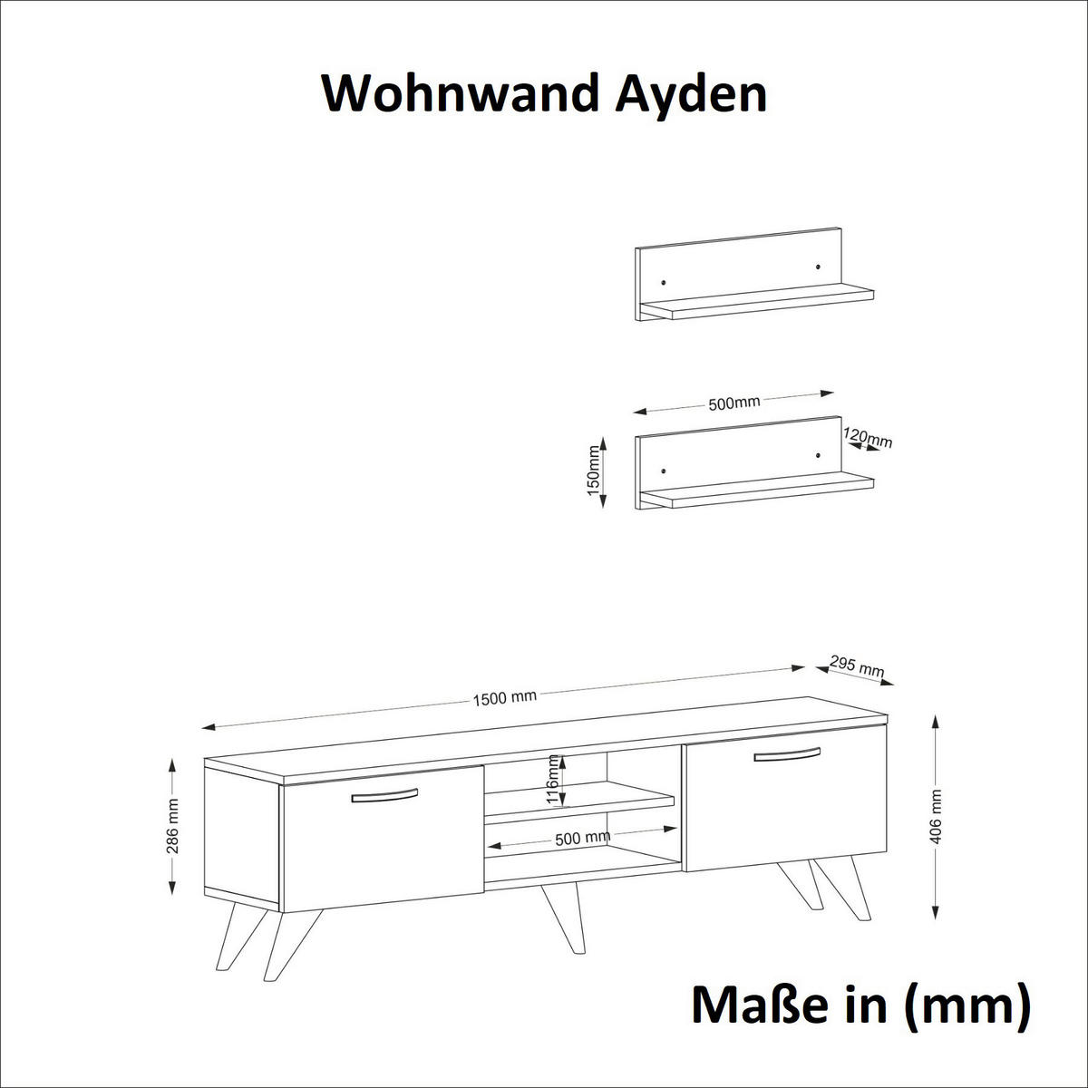 Wohnwand Ayden walnuss Nachbildung dunkelgrau Marmor Optik B/H/T: ca. 150x40,6x30 cm Ayden - walnuss/dunkelgrau (150,00/40,60/30,00cm) - moebel17