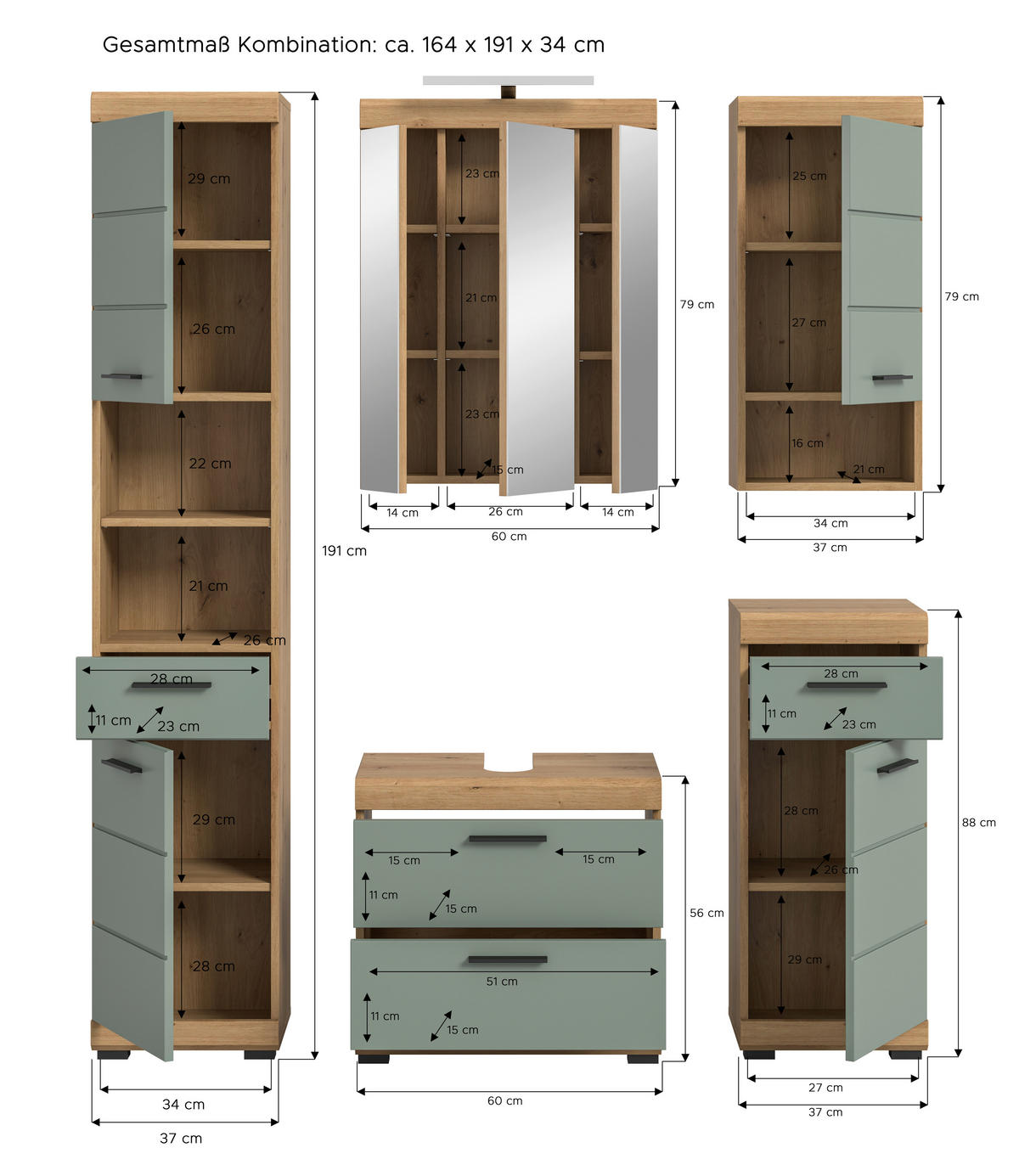 Badezimmer-Set Scout Eiche Artisan Nachbildung salbei Nachbildung B/H/T: ca. 164x191x37 cm Scout - Eiche/salbei (164,00/191,00/37,00cm) - xonox.home