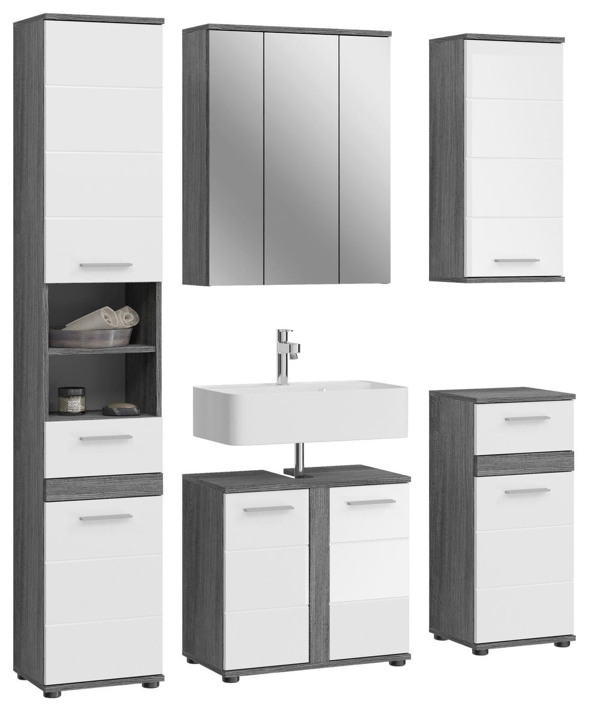 Badezimmer-Set BLAKE Rauchsilber Nachbildung weiß Hochglanz B/H/T: ca. 164x191x34 cm BLAKE - weiß (164,00/191,00/34,00cm) - xonox.home