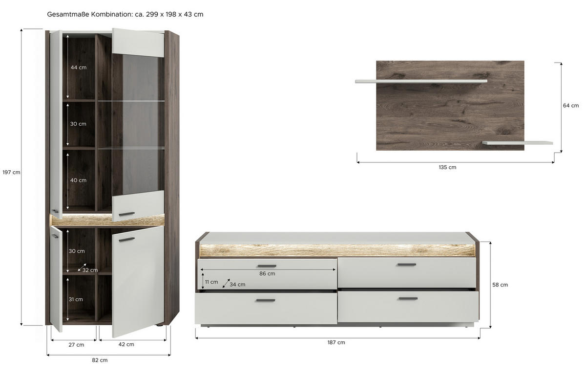 Wohnwand Falcona Nox Oak Nachbildung hellgrau B/H/T: ca. 299x198x43 cm Falcona - hellgrau (299,00/198,00/43,00cm) - xonox.home