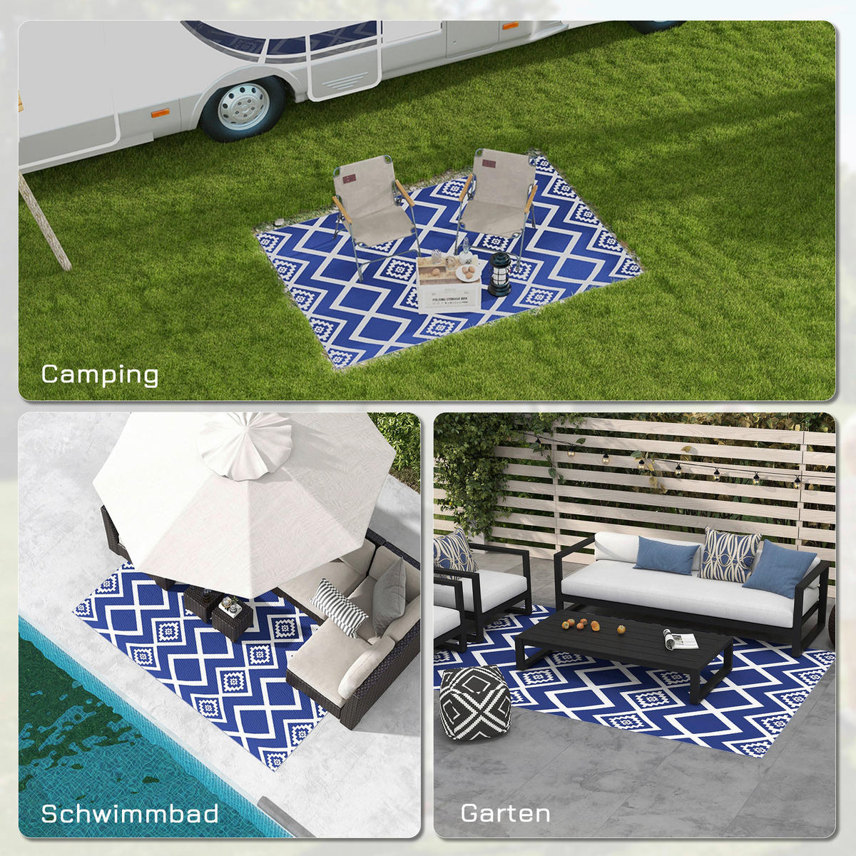 Outsunny Outdoor-Teppich weiß B/H/L: ca. 182x274x0,3 cm Outdoor-Teppich - blau/weiß (0,30/182,00/274,00cm) - Outsunny