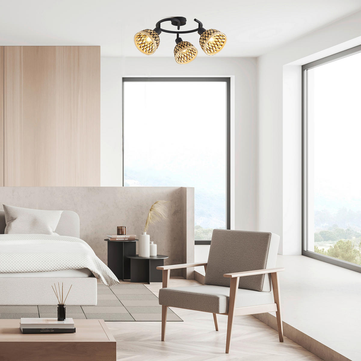 Searchlight Strahler schwarz Stahl Bambus B/H/L: ca. 46x22x46 cm E14 3 Brennstellen Lance - schwarz (46,00/46,00/22,00cm) - Searchlight