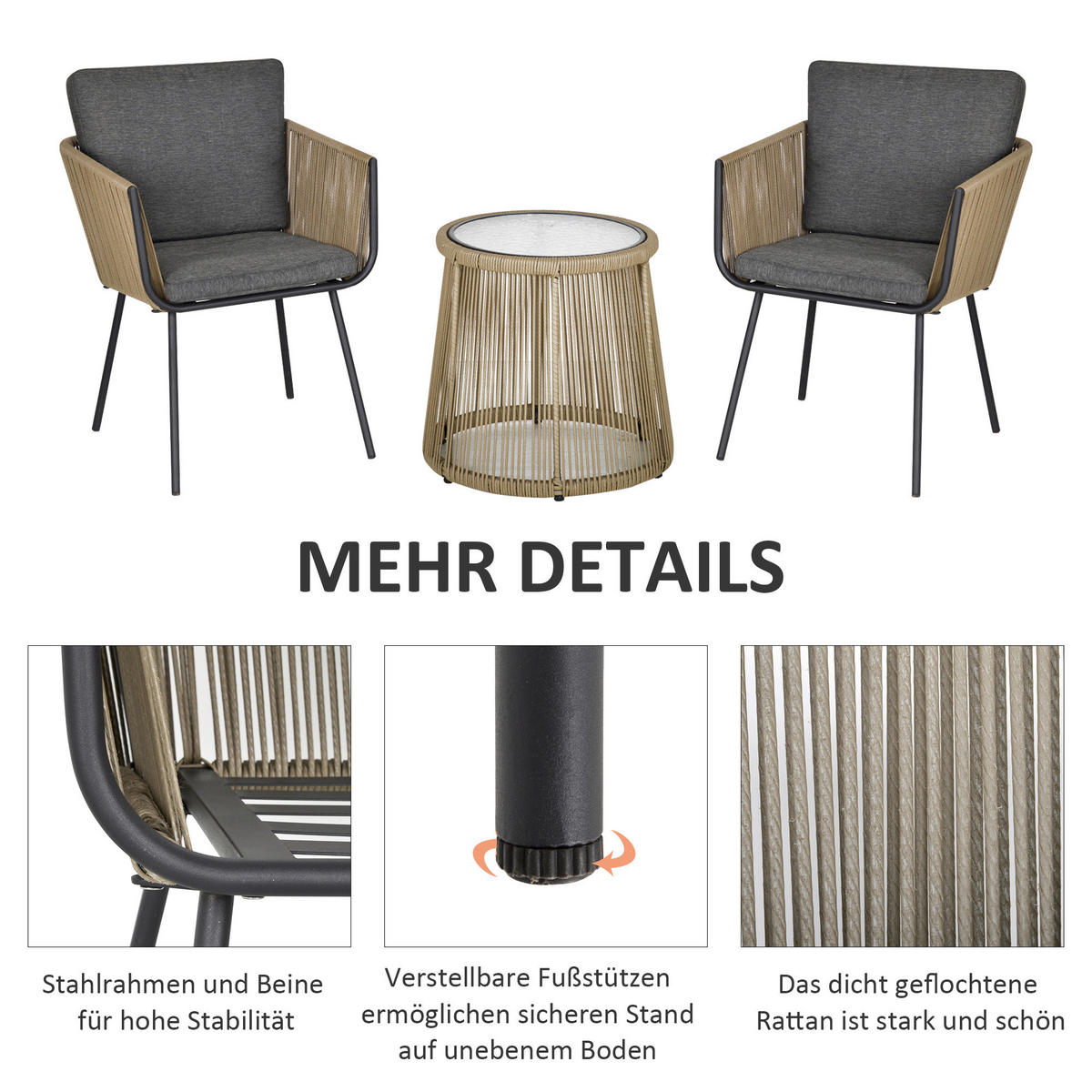 Outsunny Sitzgruppe grau Polyester B/H/L: ca. 60x60x67 cm Rattan_Gartenmöbel-Set - grau (67,00/60,00/60,00cm) - Outsunny