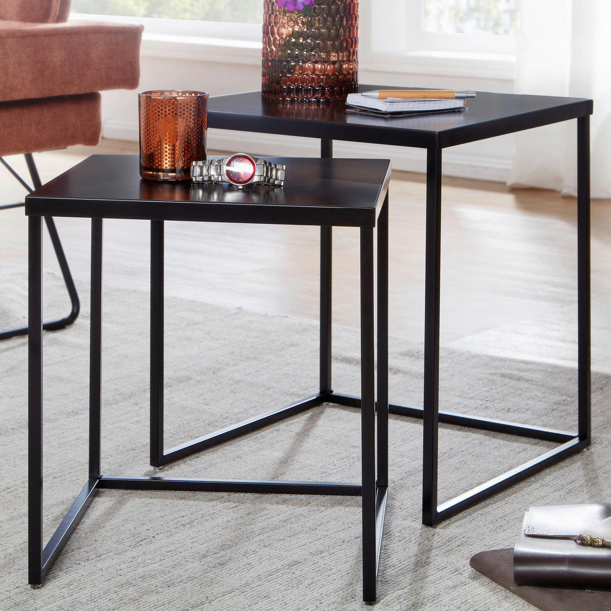Beistelltisch 2er-Set. schwarz Stahl B/H/T: ca. 40x45x40 cm 2er-Set. - schwarz (40,00/45,00/40,00cm) - Wohnling