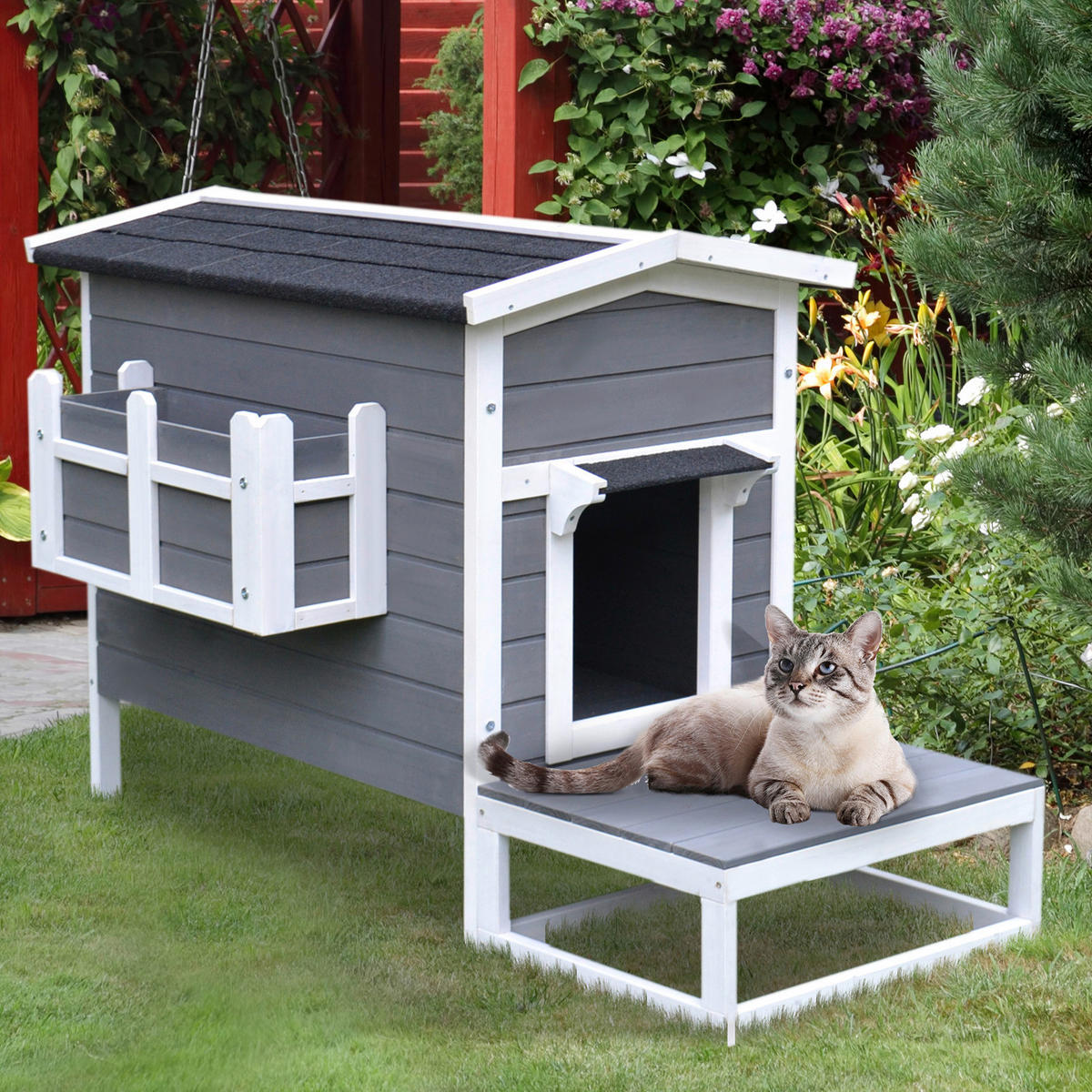 PawHut Katzenhaus grau Holz B/H/L: ca. 67x75x115 cm Katzenhaus - weiß/grau (115,00/67,00/75,00cm) - PawHut