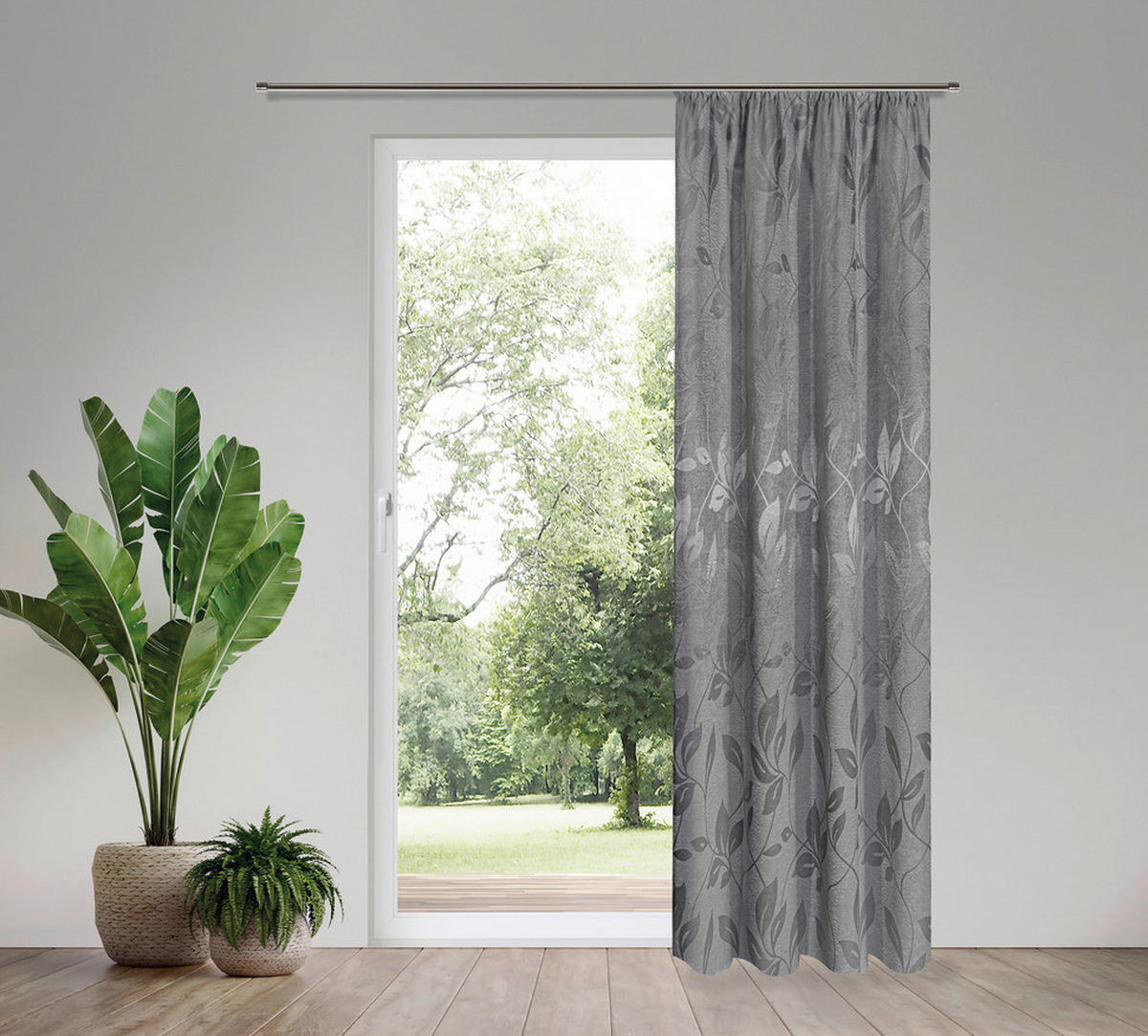 Dekovorhang Blätter silber B/L: ca. 140x245 cm Blätter - silber/grau (140,00/245,00cm) - Happy Home