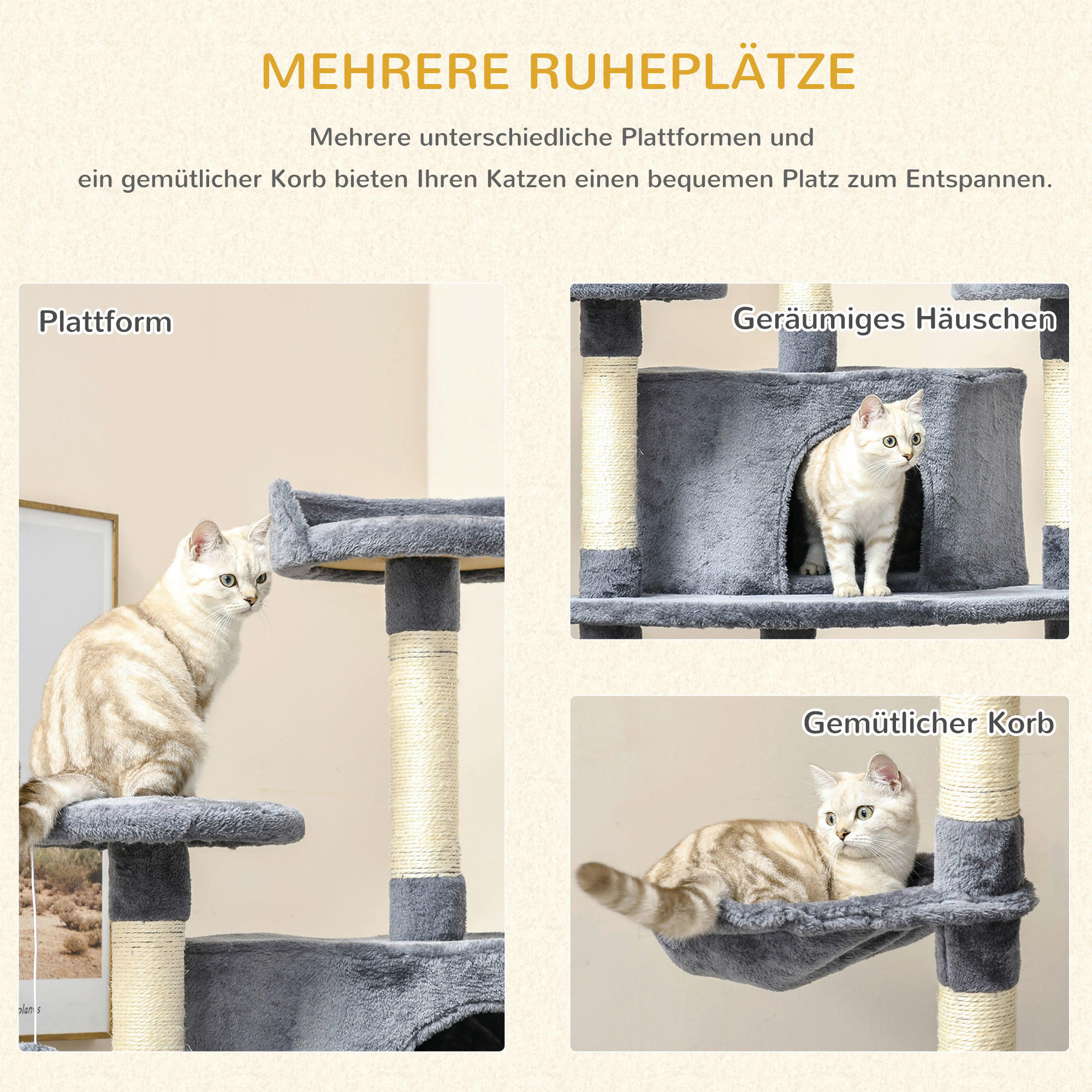 PawHut Kratzbaum hellgrau Polyester B/H/L: ca. 60x200x60 cm Kratzbaum - hellgrau (60,00/60,00/200,00cm) - PawHut