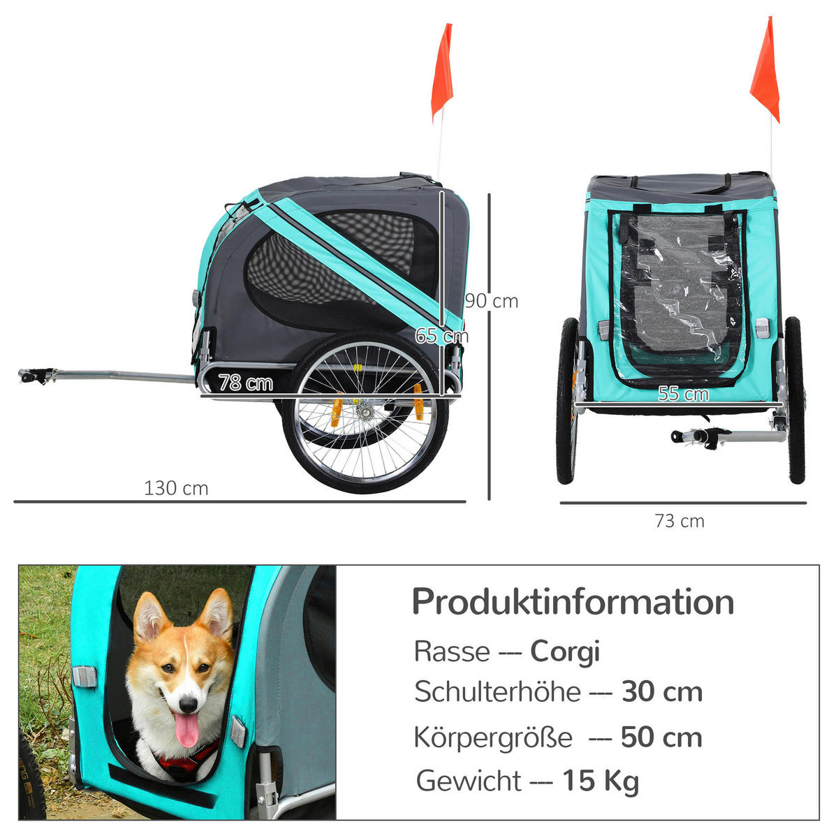 PawHut Fahrradanhänger grau grau B/H/L: ca. 73x130x90 cm Fahrradanhänger - grün/grau (90,00/73,00/130,00cm) - PawHut