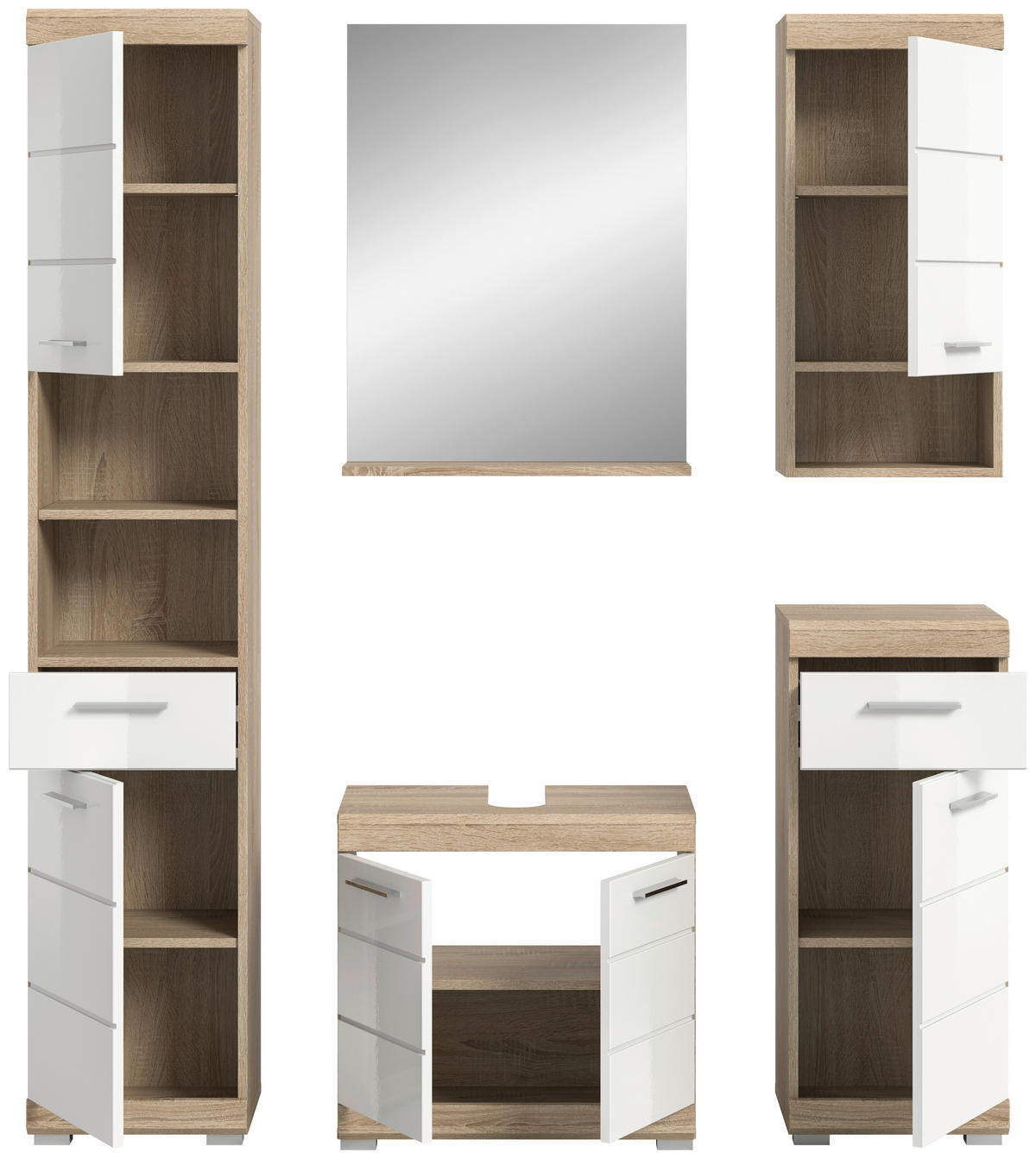 Badezimmer-Set Lambada Eiche Sonoma Nachbildung weiß Hochglanz B/H/T: ca. 164x191x34 cm Lambada - Eiche/weiß (164,00/191,00/34,00cm) - xonox.home