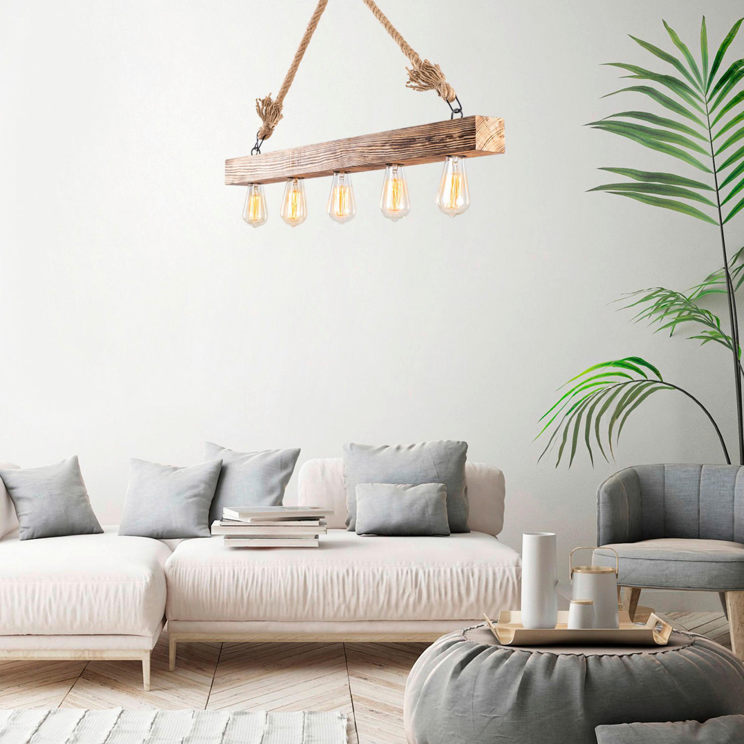 Opviq Deckenleuchte Erebos natur Holz B/H/T/L: ca. 7x53x7x100 cm E27 5 Brennstellen Erebos - natur (100,00/7,00/53,00cm) - Opviq