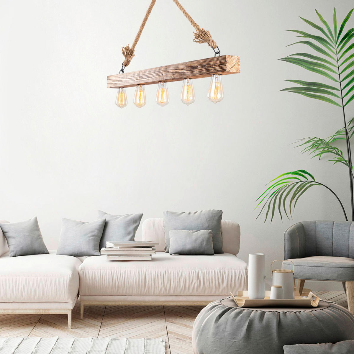 Opviq Deckenleuchte Erebos natur Holz B/H/T/L: ca. 7x53x7x100 cm E27 5 Brennstellen Erebos - natur (100,00/7,00/53,00cm) - Opviq