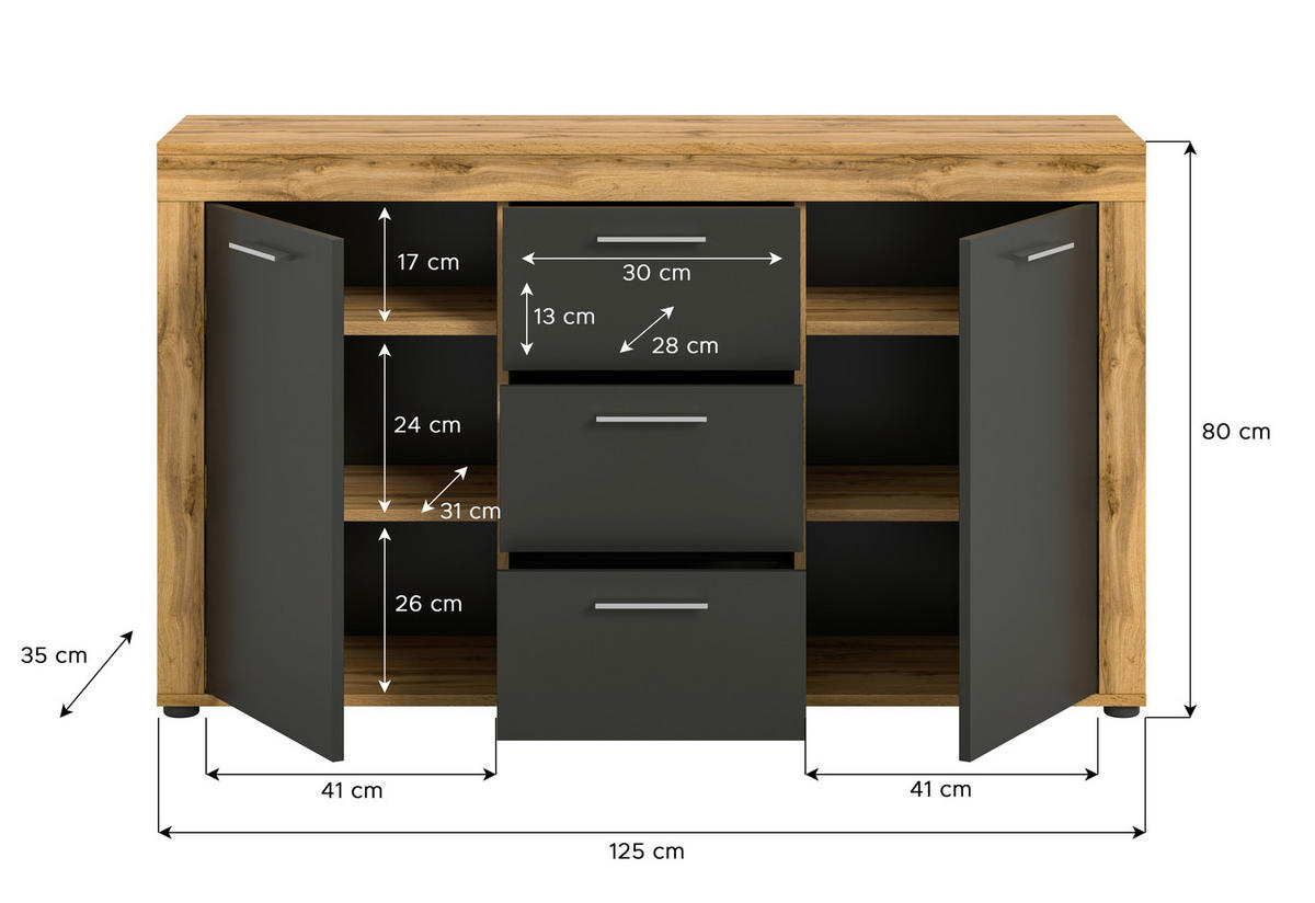 Sideboard Jam Eiche Wotan Nachbildung grau B/H/T: ca. 125x80x35 cm Jam - Eiche/grau (125,00/80,00/35,00cm) - xonox.home