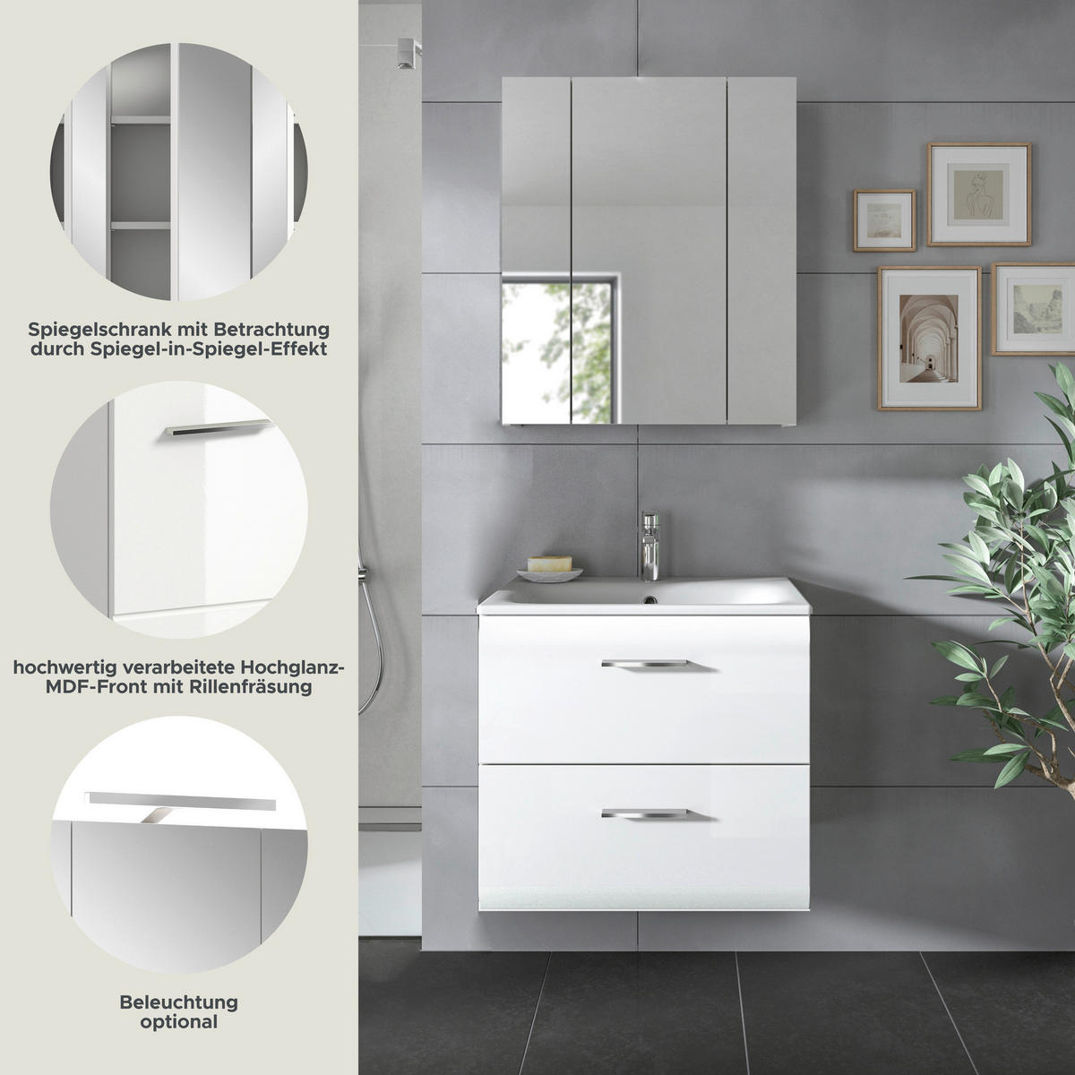 Badezimmer-Set Ice weiß weiß Hochglanz B/H/T: ca. 60x185x46 cm Ice - weiß (60,00/185,00/46,00cm) - xonox.home