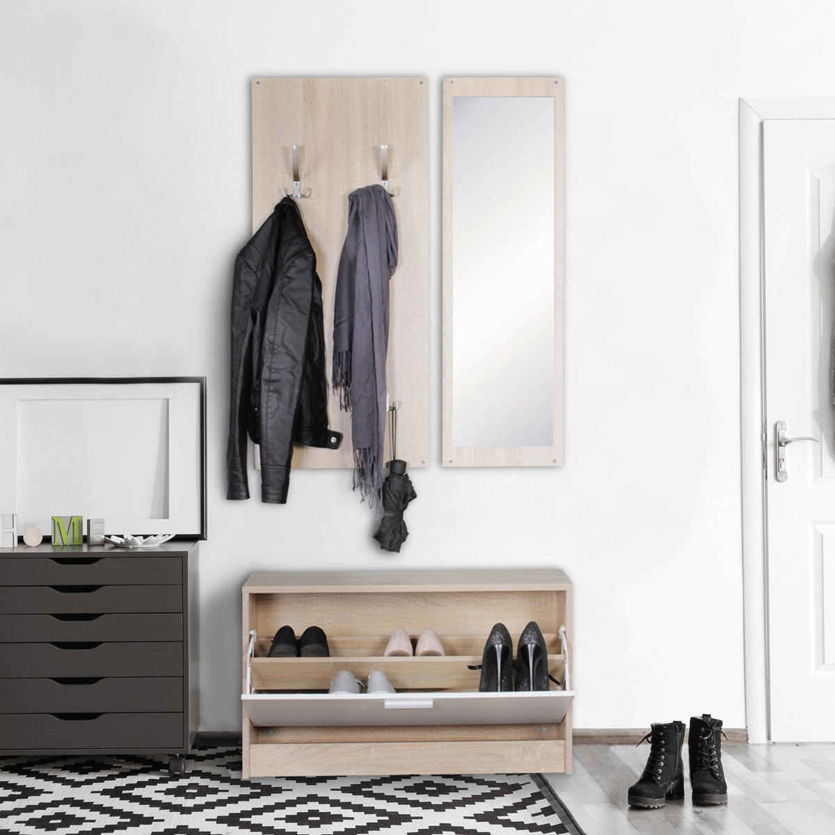 Garderobe Eiche Sonoma Nachbildung weiß B/T: ca. 80x27 cm Garderobe mit Spiegel - Eiche/weiß (80,00/27,00cm) - Wohnling