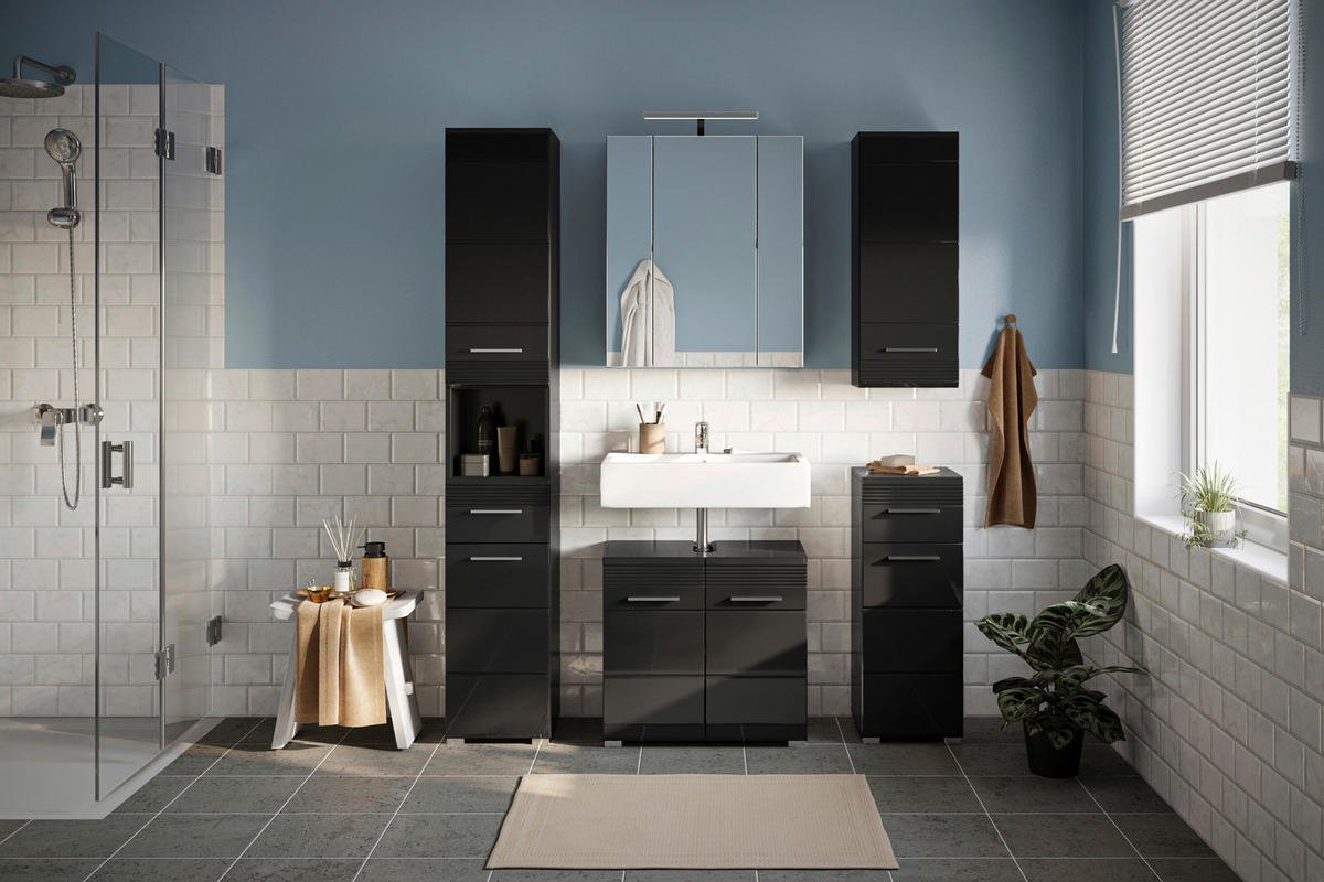 Badezimmer-Set LINUS schwarz schwarz Hochglanz B/H/T: ca. 150x182x34 cm LINUS - schwarz (150,00/182,00/34,00cm) - xonox.home