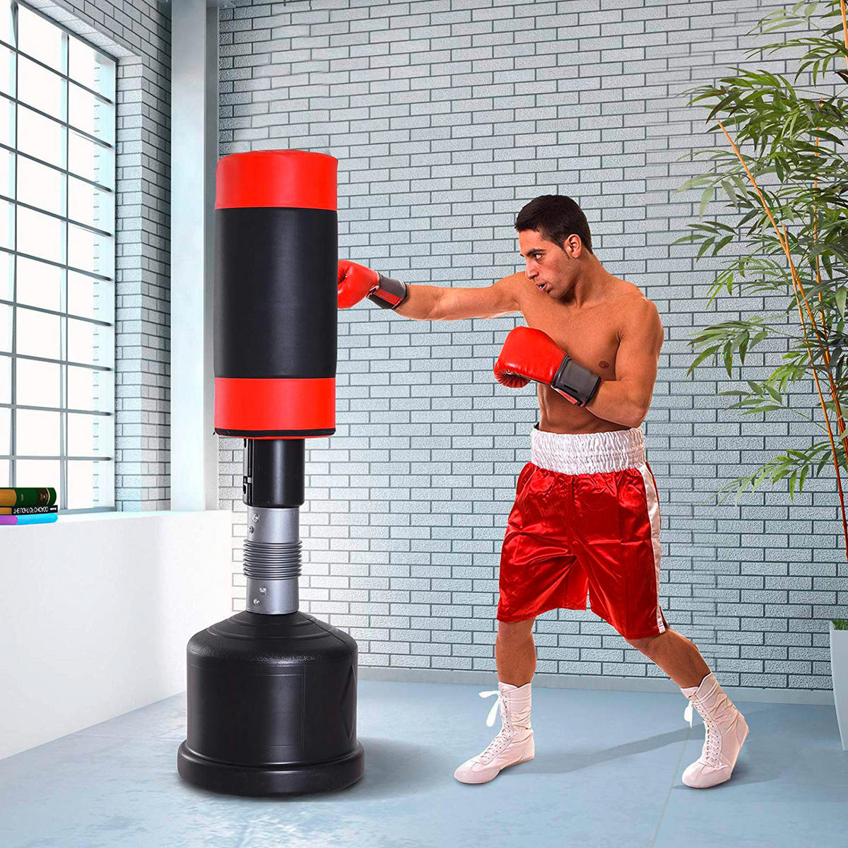 HOMCOM Standboxsack schwarz Kunstleder H/D: ca. 185x56 cm Standboxsack_für_Box_Training - rot/schwarz (56,00/185,00cm) - HOMCOM