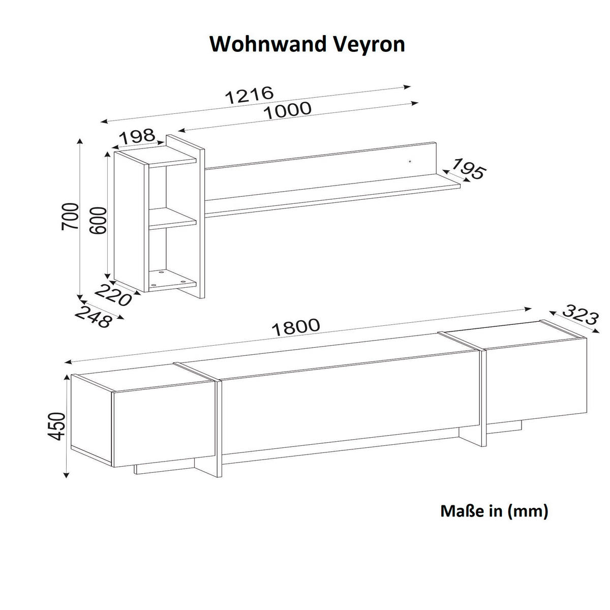 Wohnwand Veyron Rebab dunkel Marmoroptik B/H/T: ca. 180x45x32 cm Veyron - Rebab/Marmoroptik (180,00/45,00/32,00cm) - moebel17