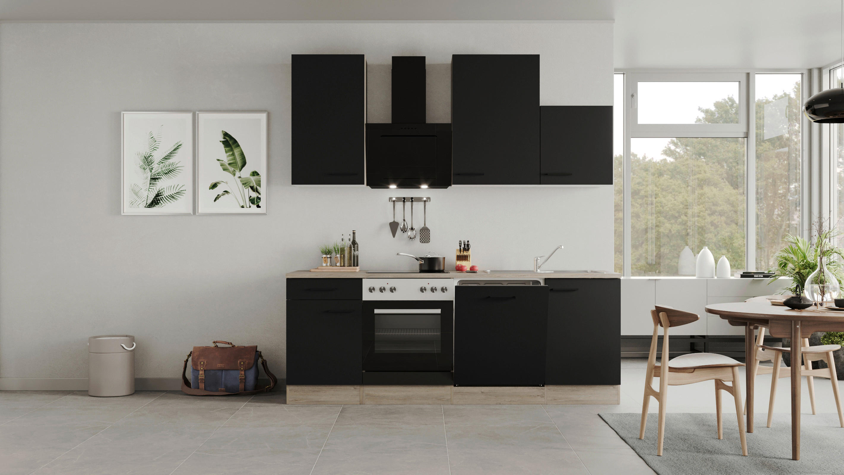 Küchenblock Capri schwarz matt B/H/T: ca. 220x234x60 cm Capri - schwarz/Oak (220,00/234,00/60,00cm) - Flex-Well