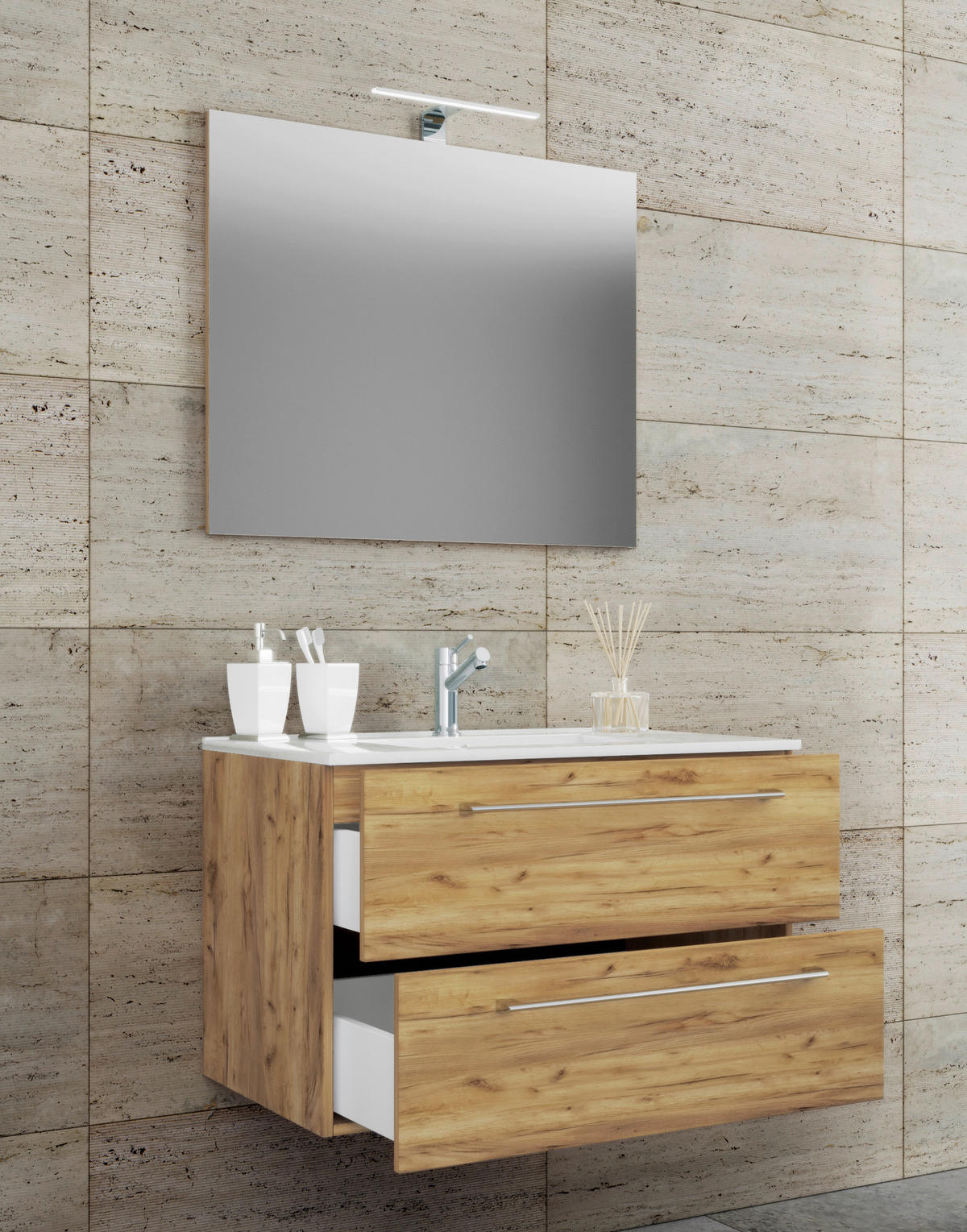 Waschplatz 3tlg-Badinos Eiche Honig Nachbildung B/H/T: ca. 81x52x46 cm 3tlg-Badinos - Eiche (81,00/52,00/46,00cm) - VCM Möbel