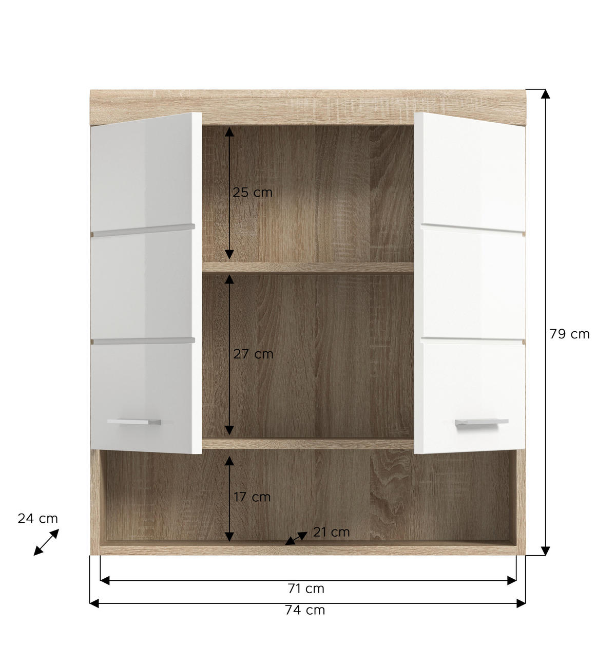 Badhängeschrank Lambada Eiche Sonoma Nachbildung weiß Hochglanz B/H/T: ca. 74x79x24 cm Lambada - Eiche/weiß (74,00/79,00/24,00cm) - xonox.home