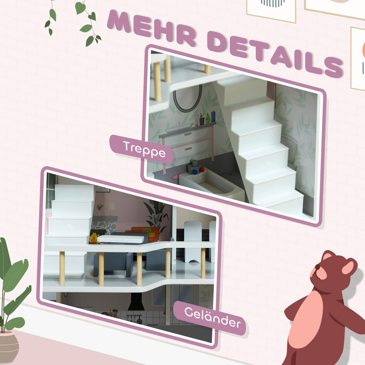 AIYAPLAY Puppenhaus grau Kiefer B/H/L: ca. 29,1x85,3x53,5 cm Puppenhaus - grau (53,50/29,10/85,30cm) - AIYAPLAY