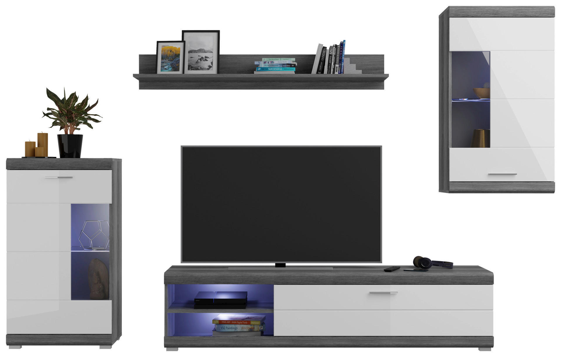 Wohnwand Scout Rauchsilber Nachbildung weiß Hochglanz B/H/T: ca. 265x185x40 cm Scout - weiß (265,00/185,00/40,00cm)