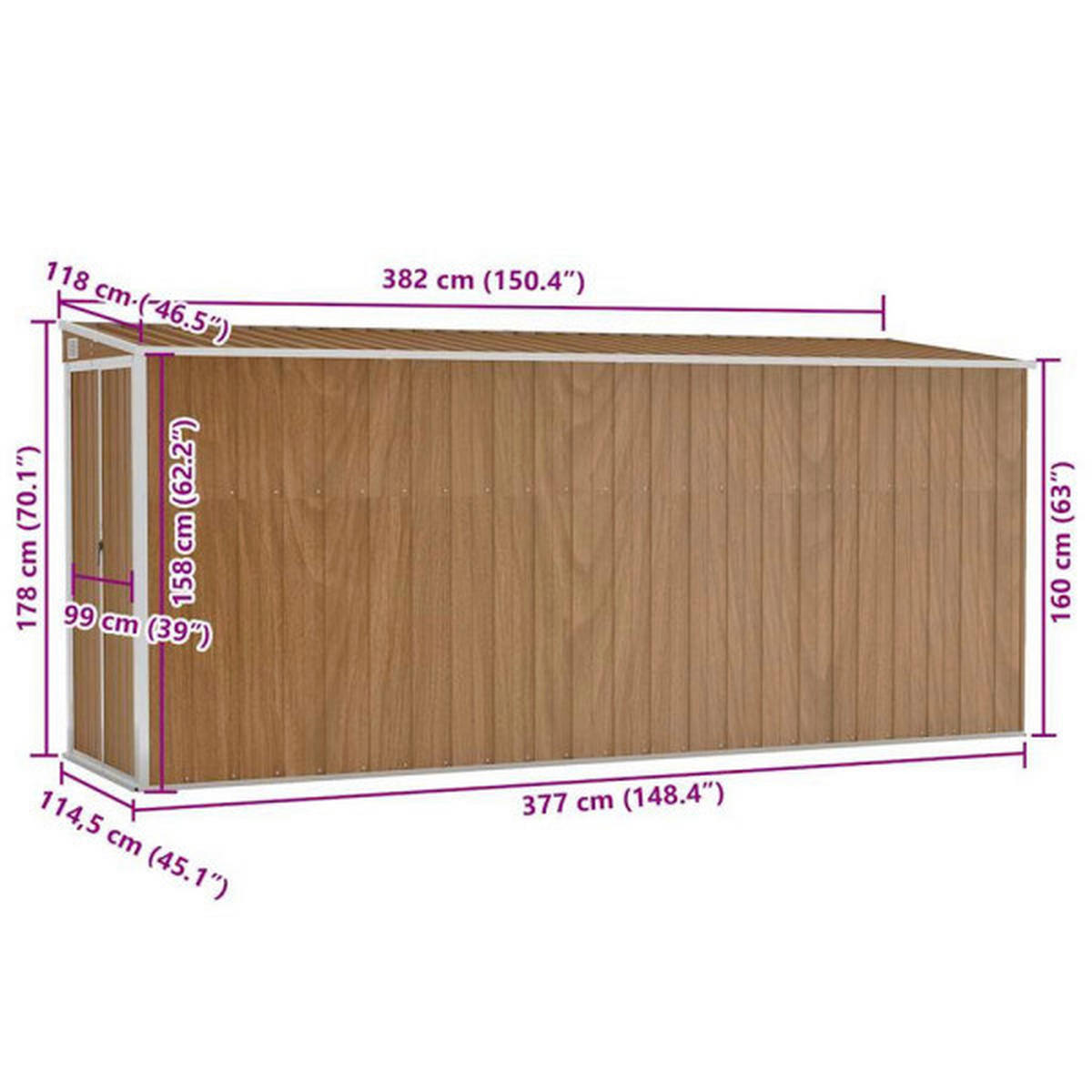 vidaXL Gartenhaus braun B/H/T: ca. 118x178x382 cm Gartenhaus - braun (118,00/178,00/382,00cm) - vidaXL