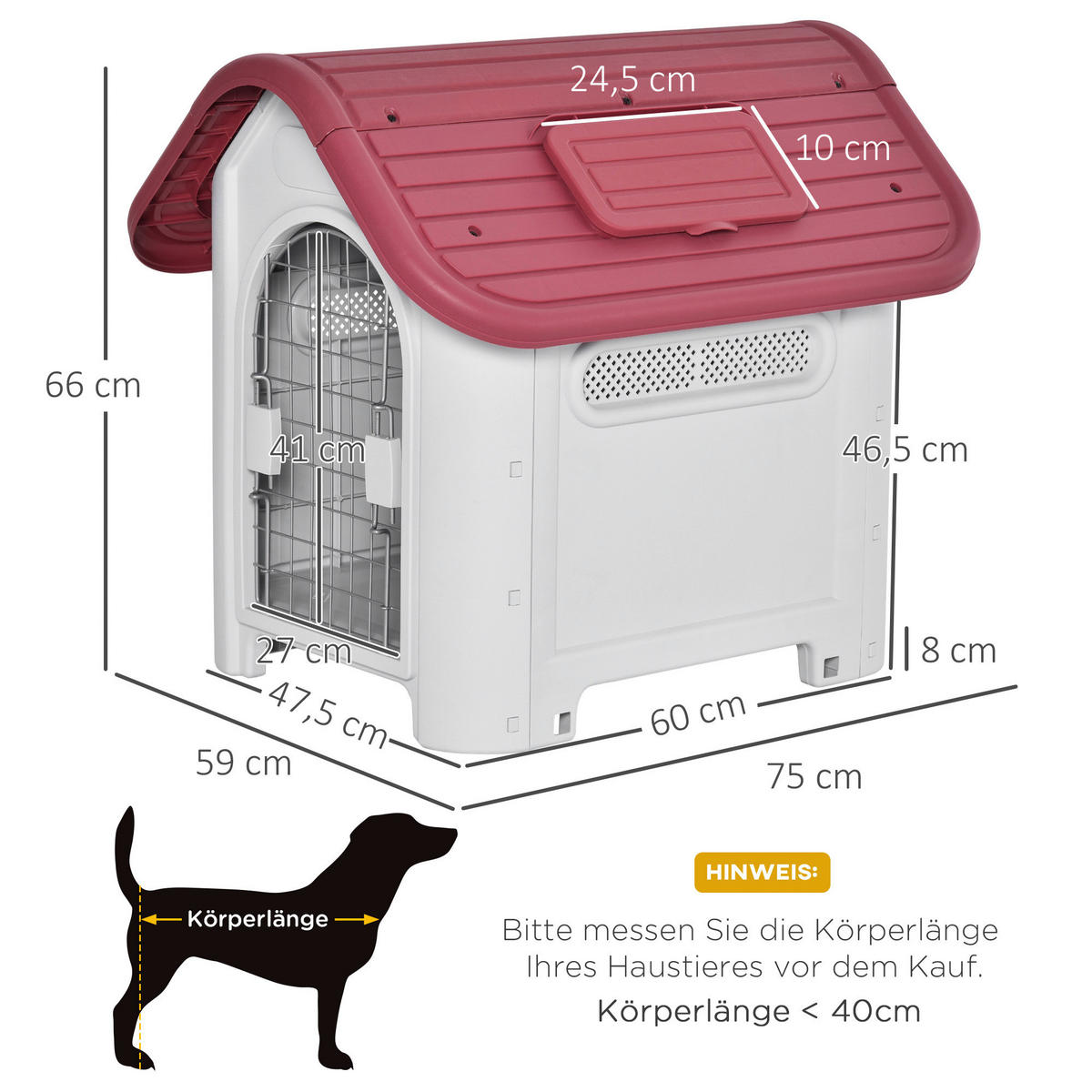 PawHut Hundehütte rot Kunststoff B/H/L: ca. 75x66x59 cm Hundehütte - hellgrau/rot (59,00/75,00/66,00cm) - PawHut