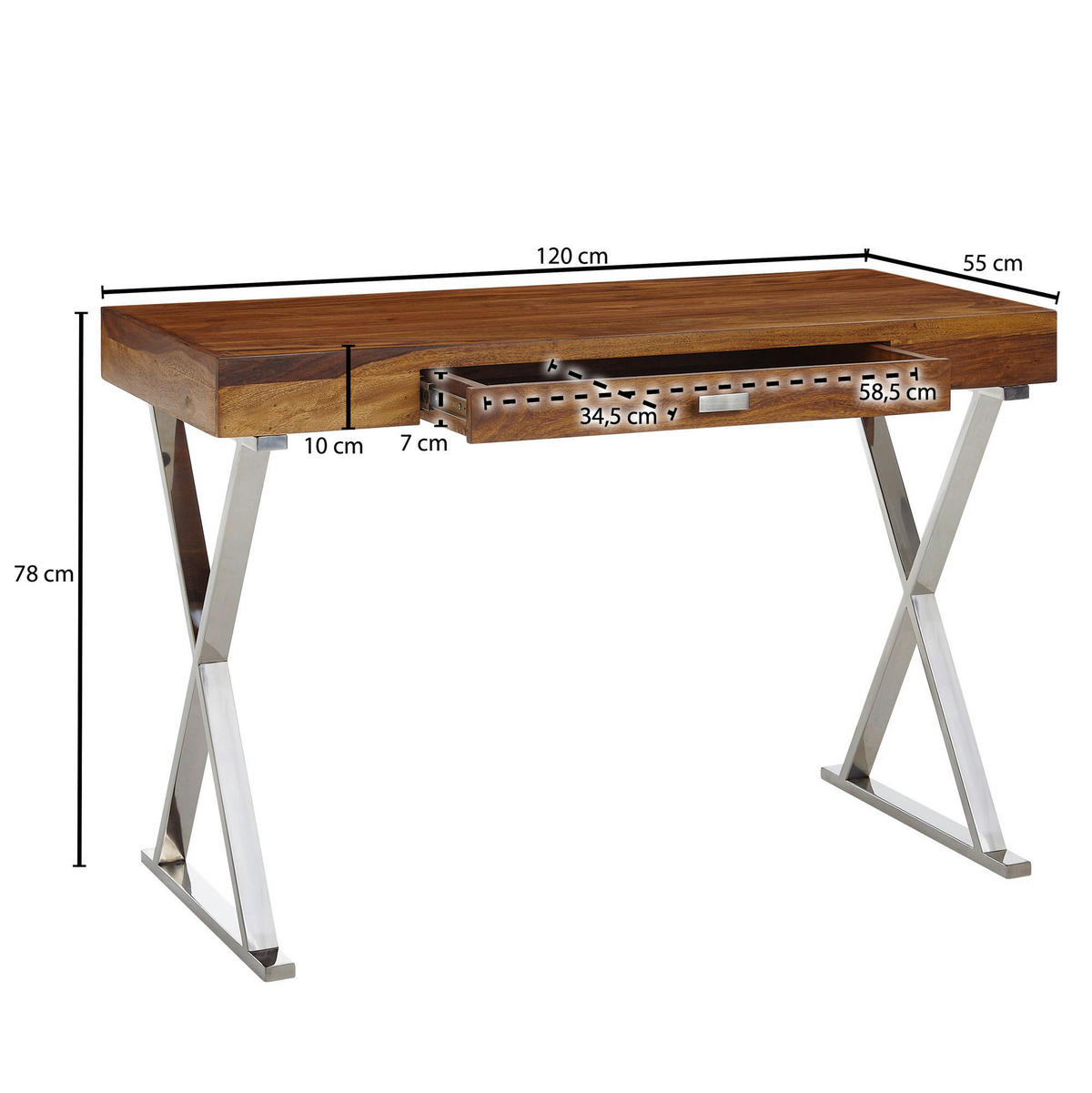 Schreibtisch natur Edelstahl verchromt B/H/T: ca. 120x78x55 cm Schreibtisch - natur/Edelstahl (120,00/78,00/55,00cm) - Wohnling