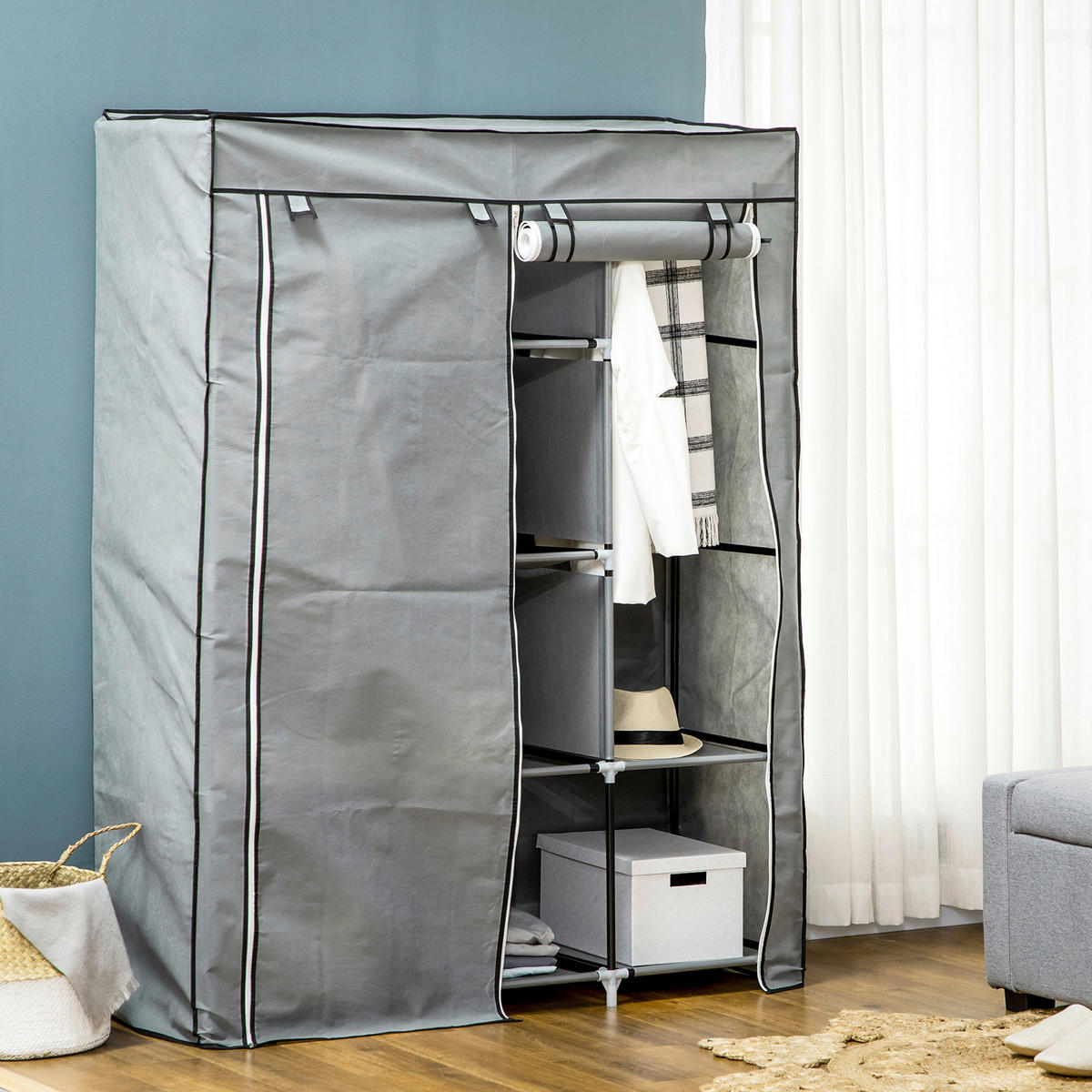 HOMCOM Kleiderschrank hellgrau Edelstahl B/H/L: ca. 43x125x162,5 cm Stoffschrank - hellgrau (162,50/43,00/125,00cm) - HOMCOM
