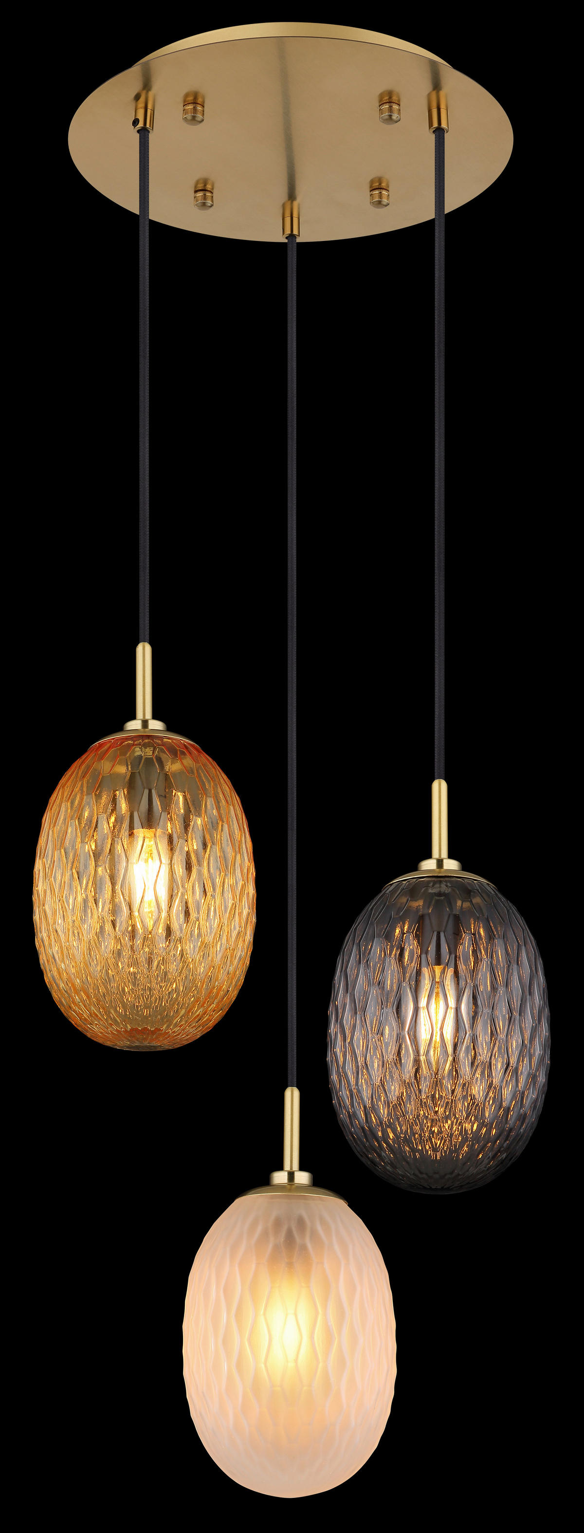 GLOBO Pendelleuchte schwarz gold amber Glas Metall Textil H/D: ca. 120x36 cm E14 3 Brennstellen DEVIN - gold/schwarz (36,00/120,00cm) - GLOBO