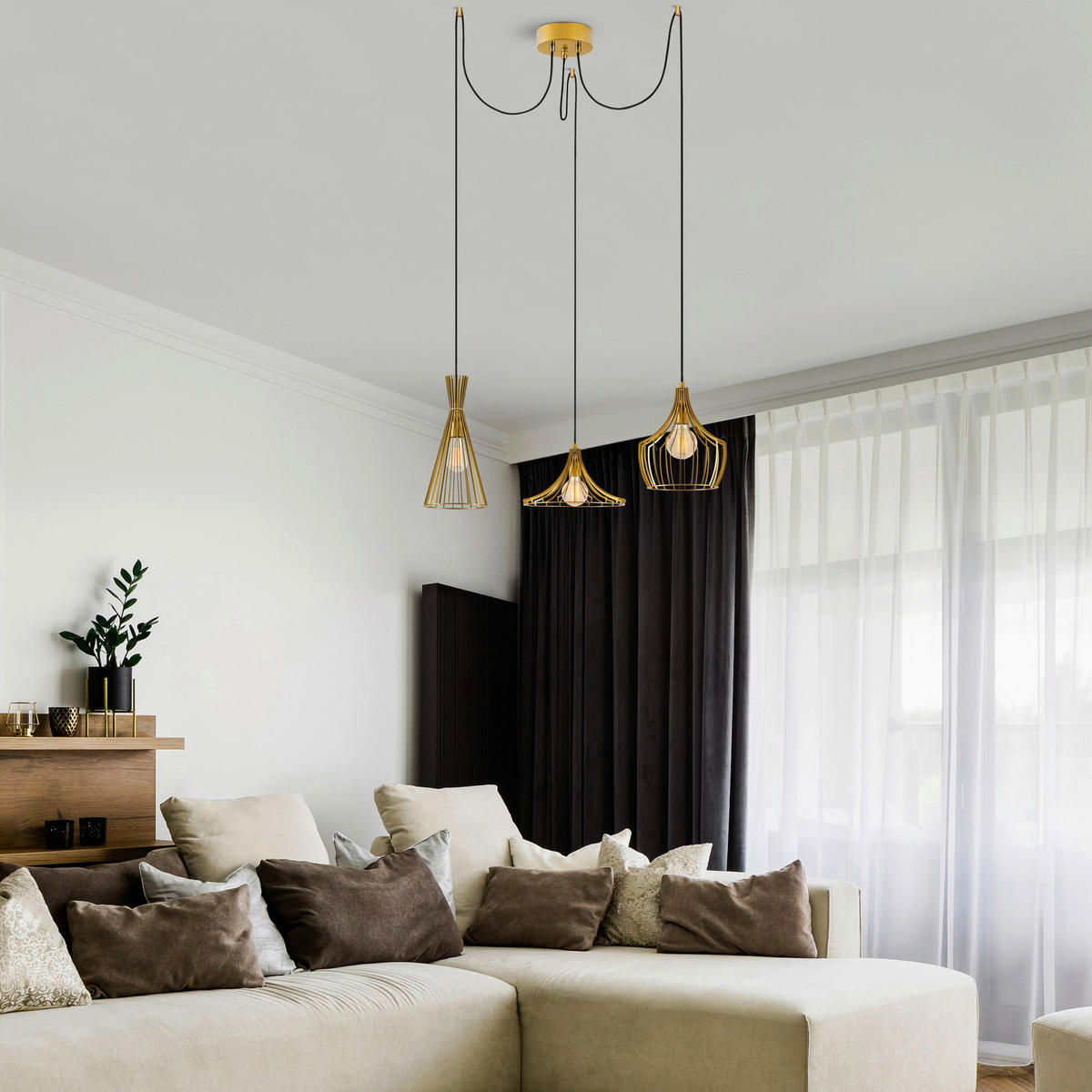 Opviq Pendelleuchte Mezopotamya gold B/H/T/L/D: ca. 114x130x114x114x114 cm E27 3 Brennstellen Mezopotamya - gold (114,00/114,00/130,00cm) - Opviq