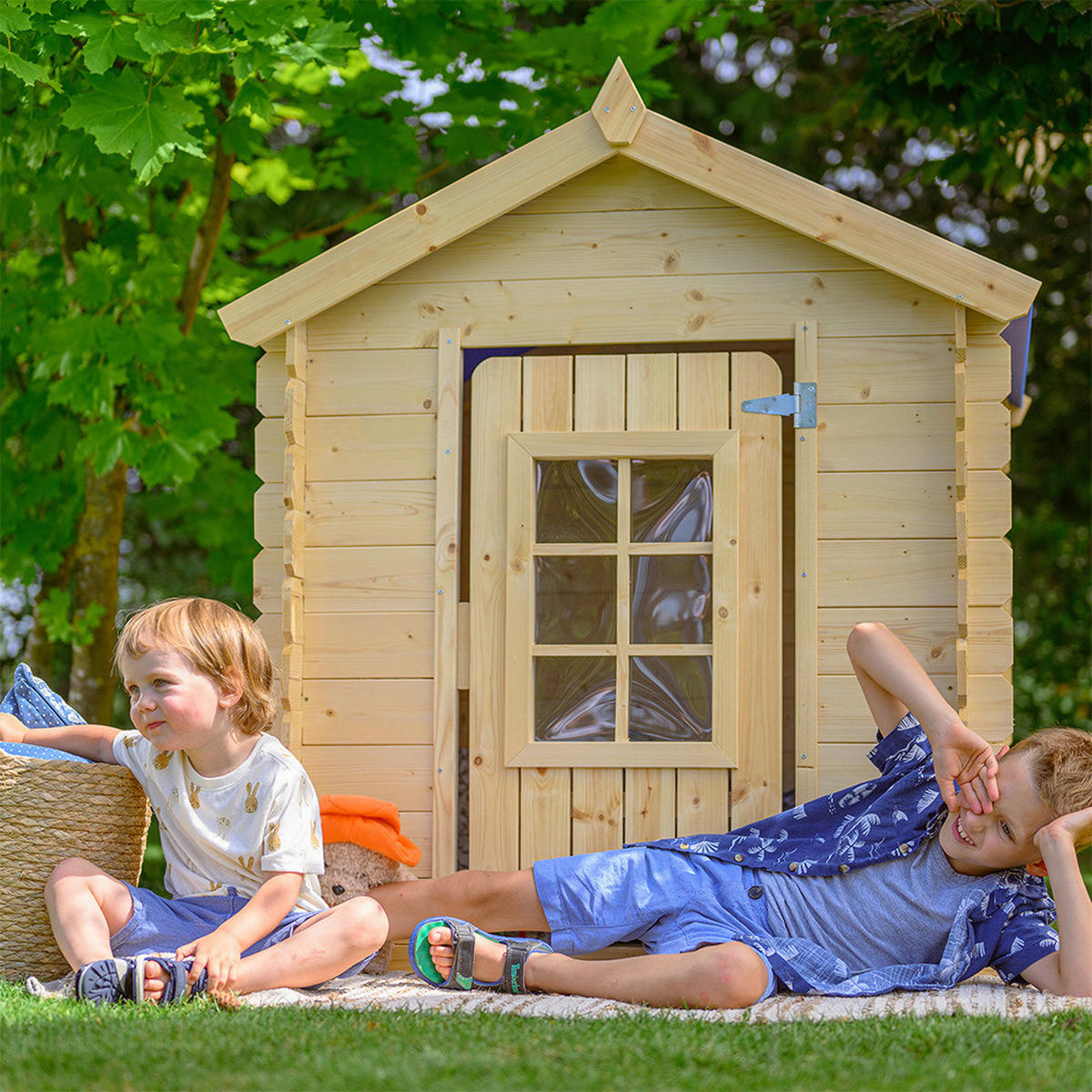 Timbela Kinderspielhaus M570M blau B/H/L: ca. 114x121x111 cm M570M - blau/natur (111,00/114,00/121,00cm) - Timbela