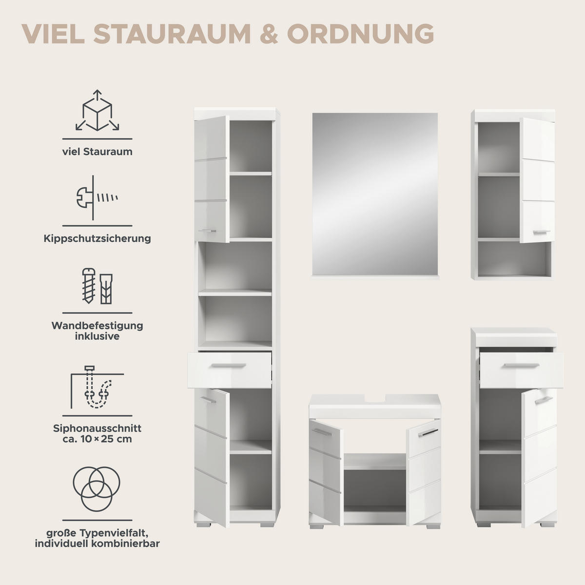 Badezimmer-Set Scout weiß weiß Hochglanz B/H/T: ca. 164x191x34 cm Scout - weiß (164,00/191,00/34,00cm) - xonox.home