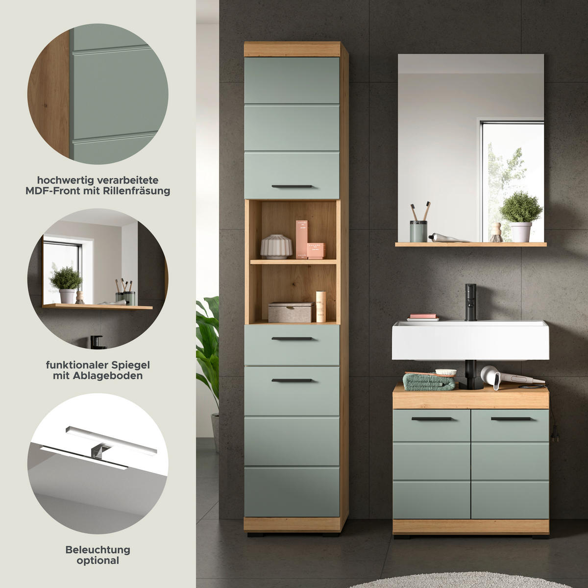 Badezimmer-Set Scout Eiche Artisan Nachbildung salbei Nachbildung B/H/T: ca. 112x191x34 cm Scout - Eiche/salbei (112,00/191,00/34,00cm) - xonox.home