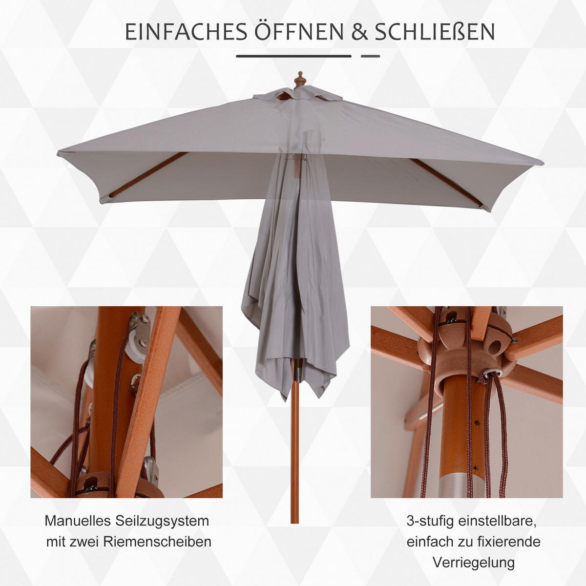 Outsunny Sonnenschirm grau Holz B/H/L: ca. 150x230x200 cm Sonnenschirm_knickbar - grau (200,00/150,00/230,00cm) - Outsunny